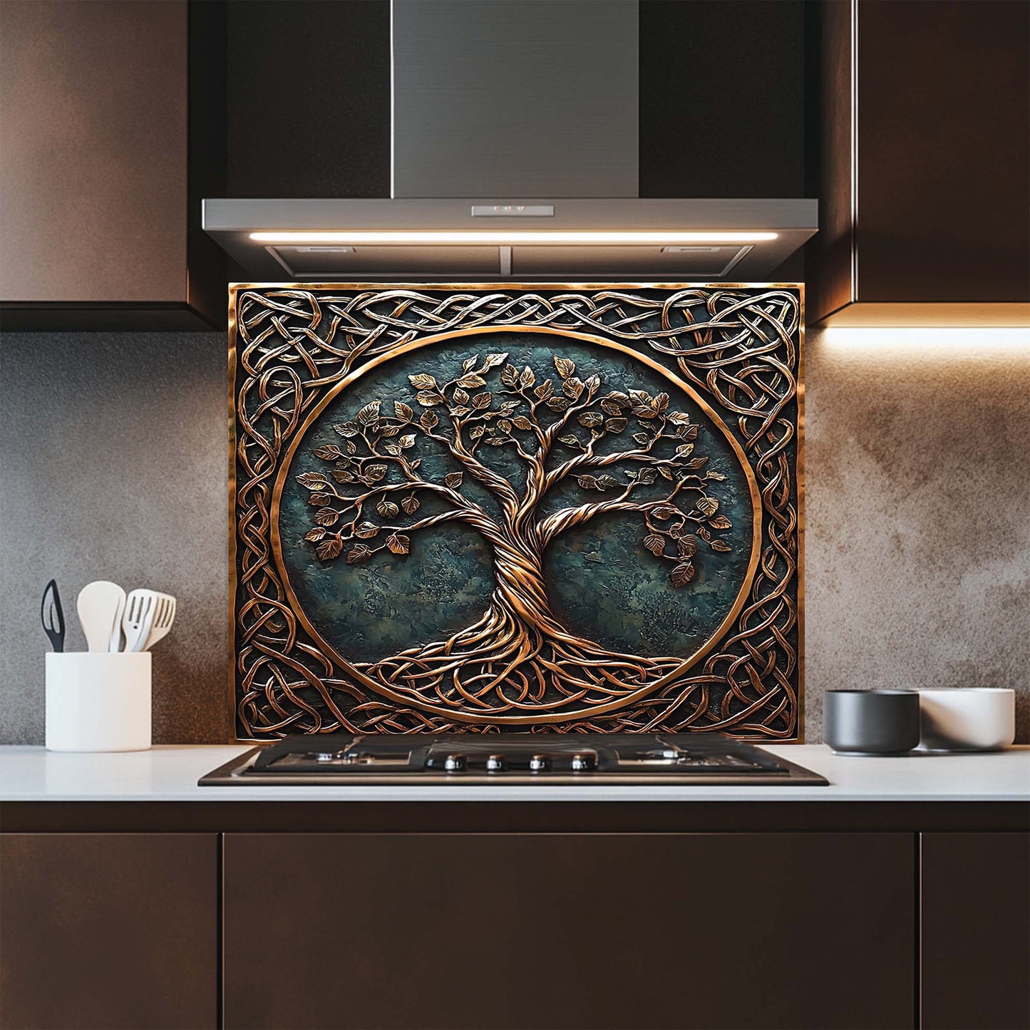 Decorative glass backsplash with tree design above a stove in a kitchen.