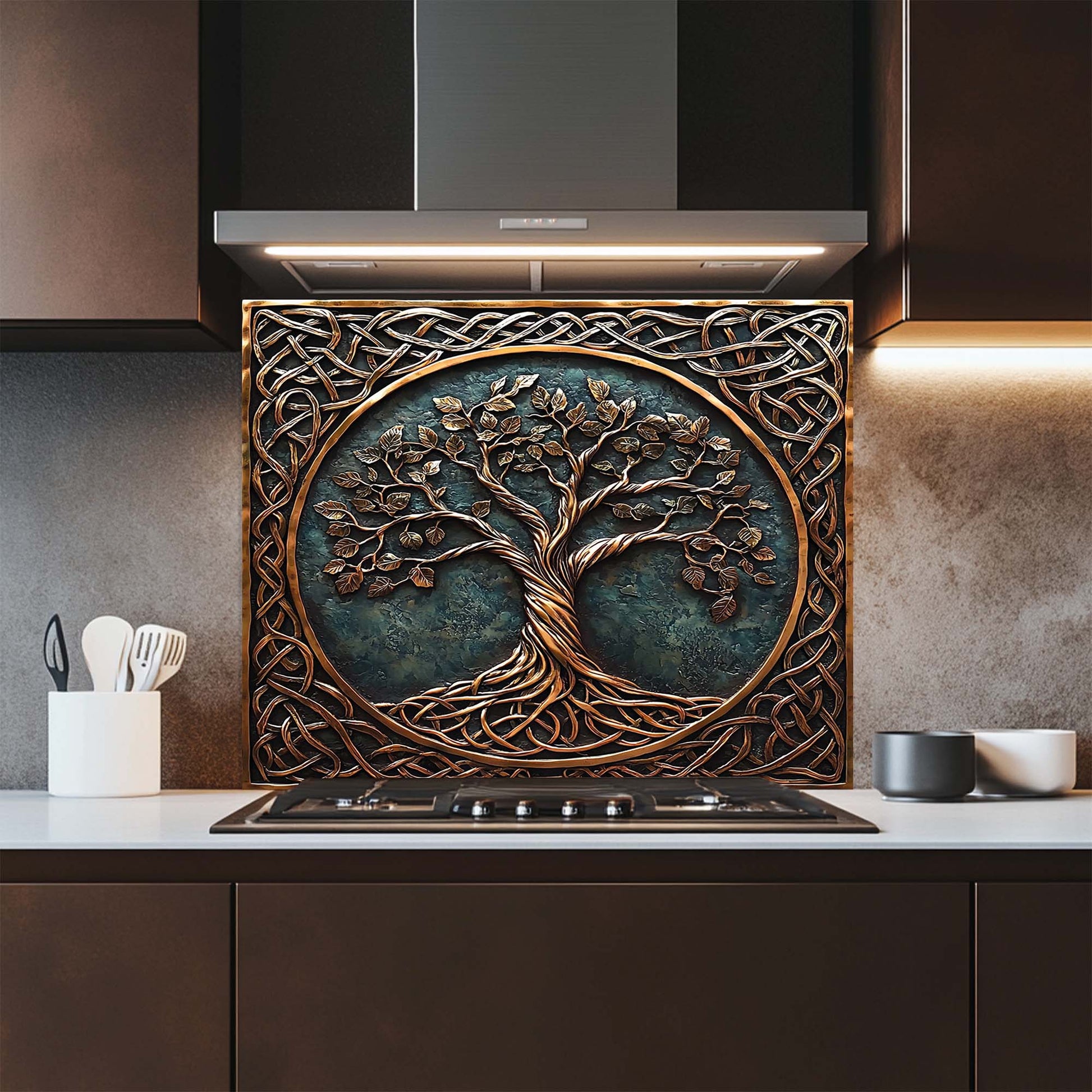 Decorative glass backsplash with tree design above a stove in a kitchen.