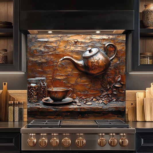 Decorative backsplash with a teapot and coffee beans design above a stove.