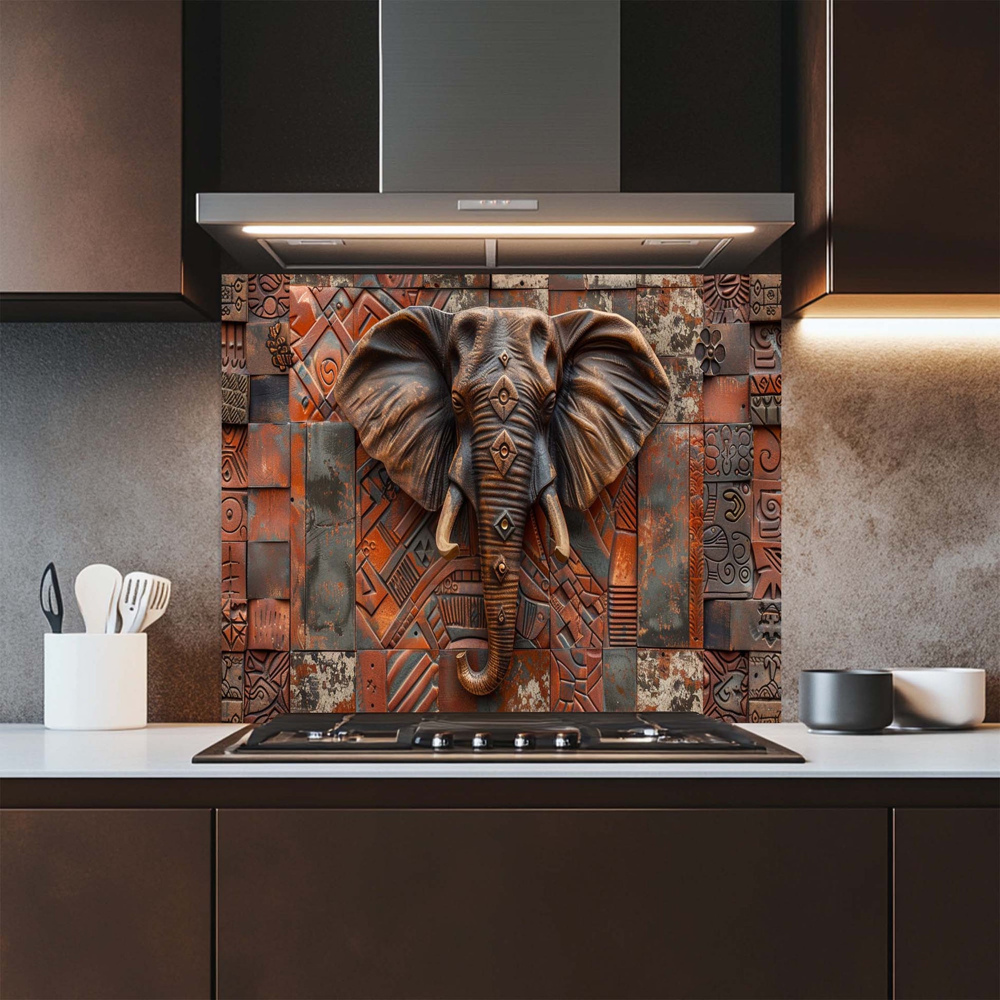 Kitchen with decorative elephant glass backsplash