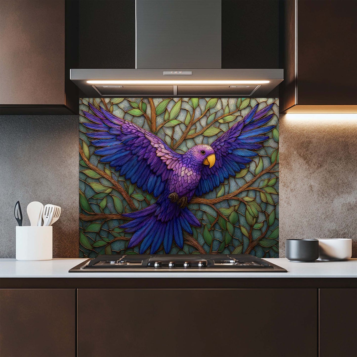Kitchen with a colorful parrot design on a glass backsplash