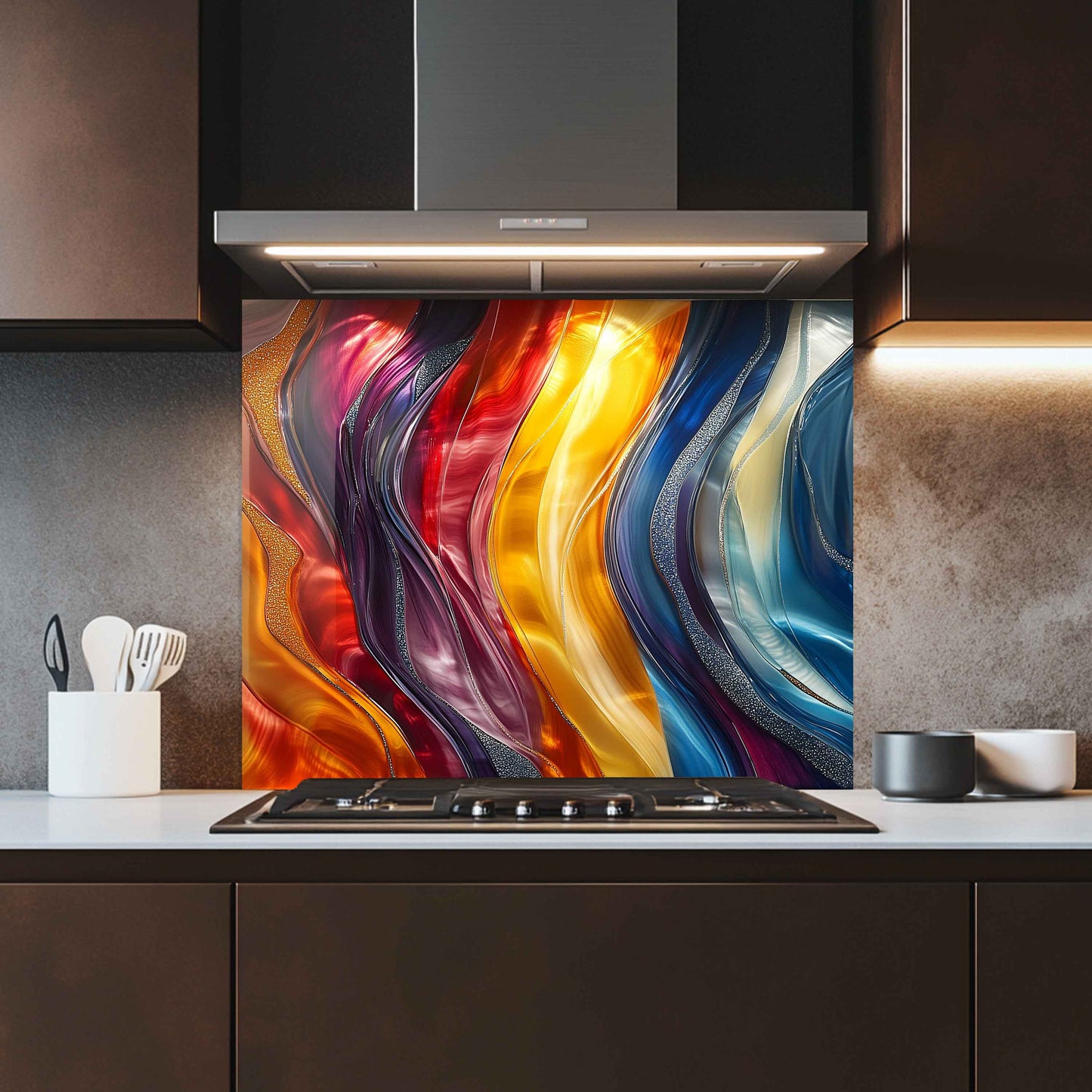 Kitchen with a colorful glass splashback behind a stove