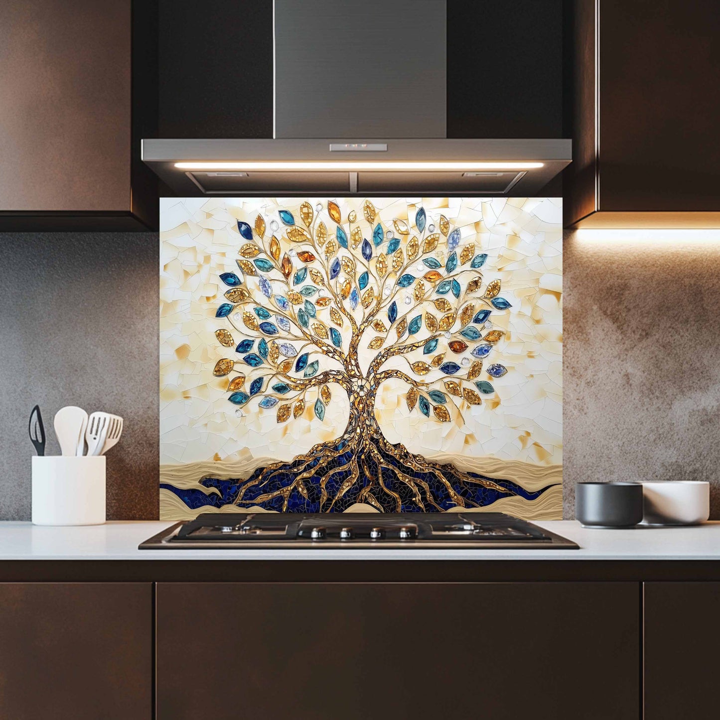 Kitchen with a decorative glass splashback featuring a tree design.