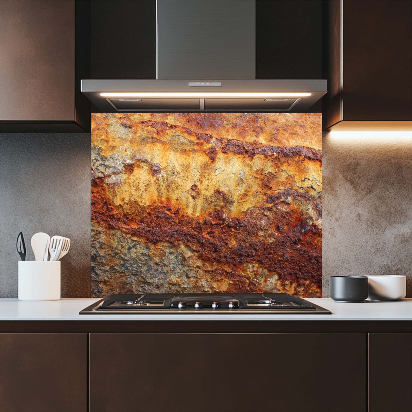 Kitchen with a decorative glass backsplash featuring a rusted metal design.