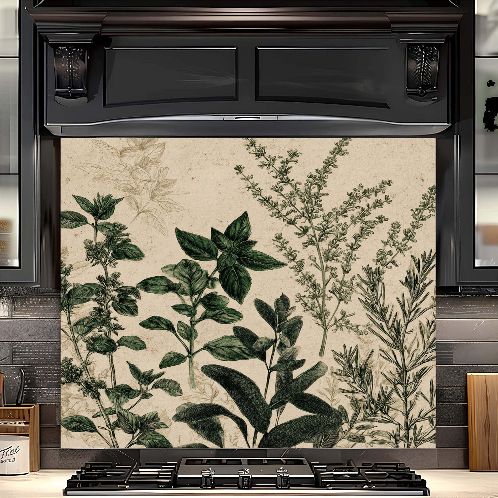 Black oven with a decorative backsplash featuring green leaf patterns.