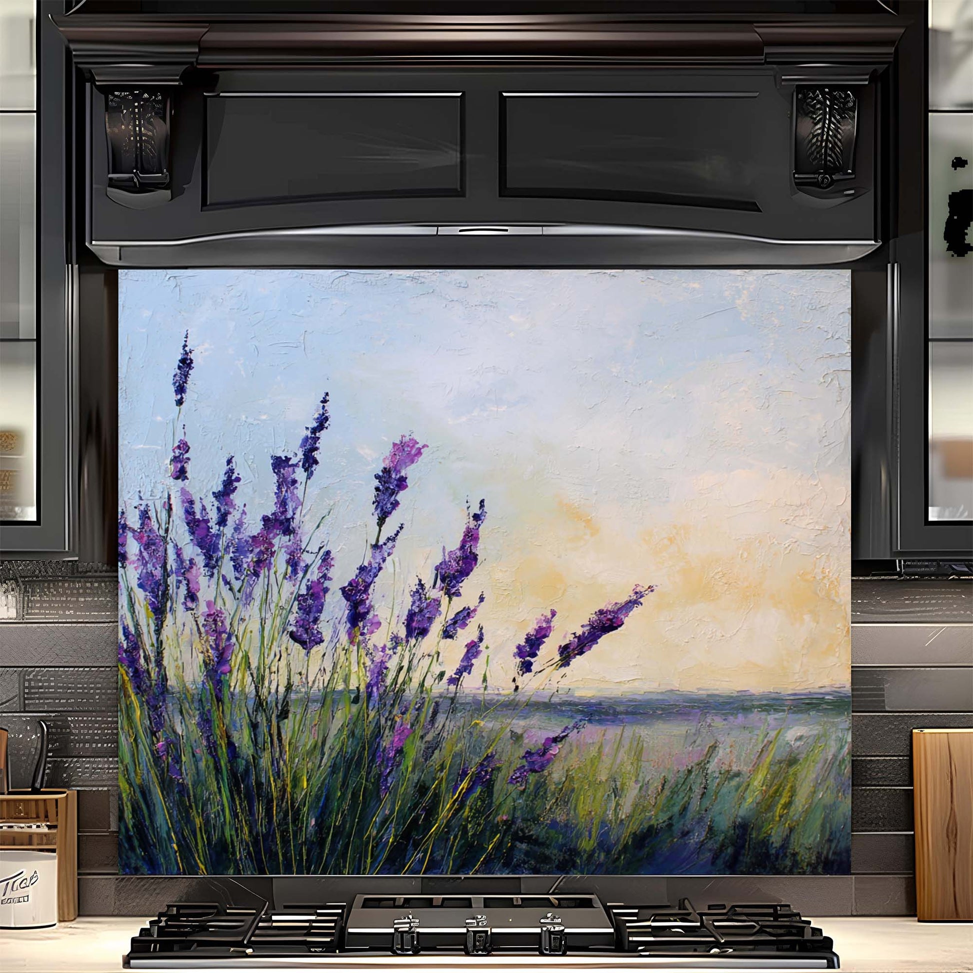 Stainless steel oven with a decorative glass backsplash featuring a lavender field design.