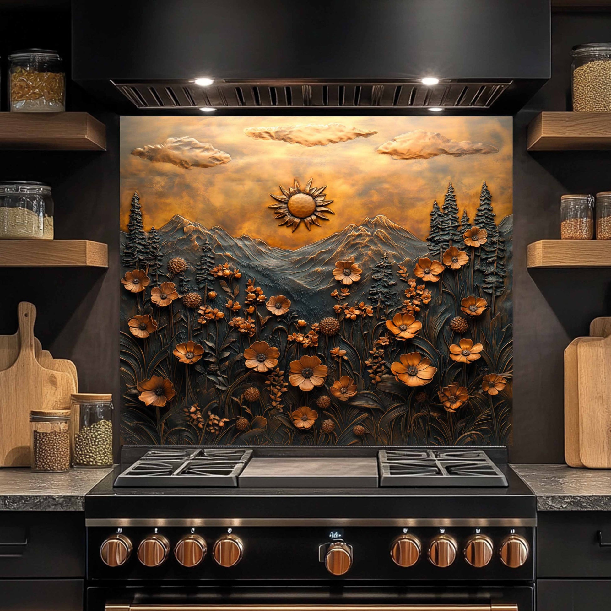 Decorative glass backsplash with a sunset over mountains and flowers above a stove in a kitchen.
