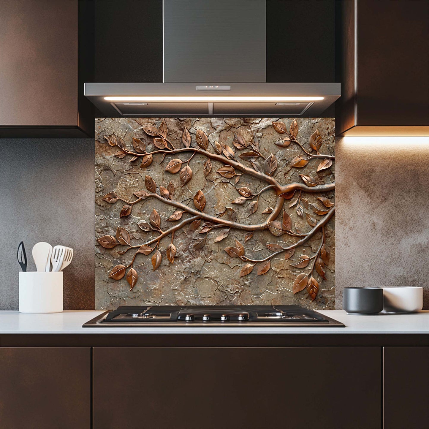 Modern kitchen with decorative glass backsplash above a stove