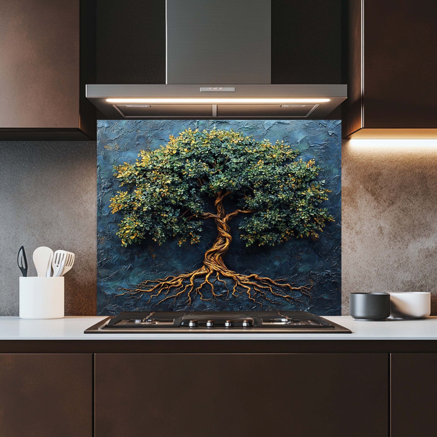Kitchen with a decorative backsplash featuring a tree and roots design.