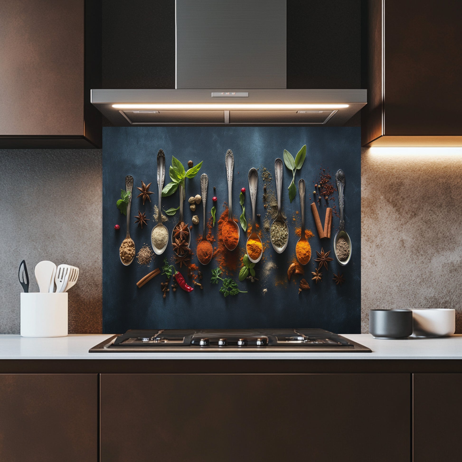 Kitchen with spice rack on a backsplash, featuring various spices and herbs.