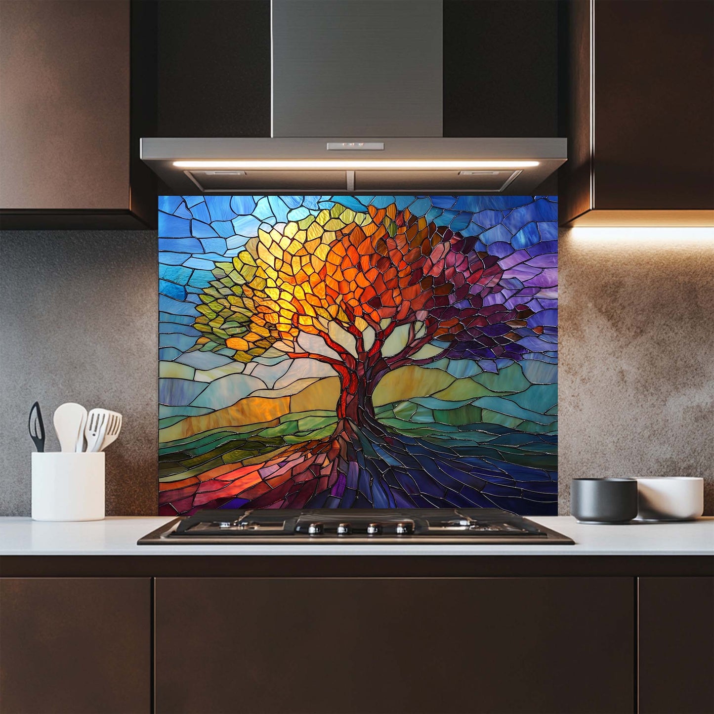 Colorful stained glass-style tree design on a kitchen backsplash.