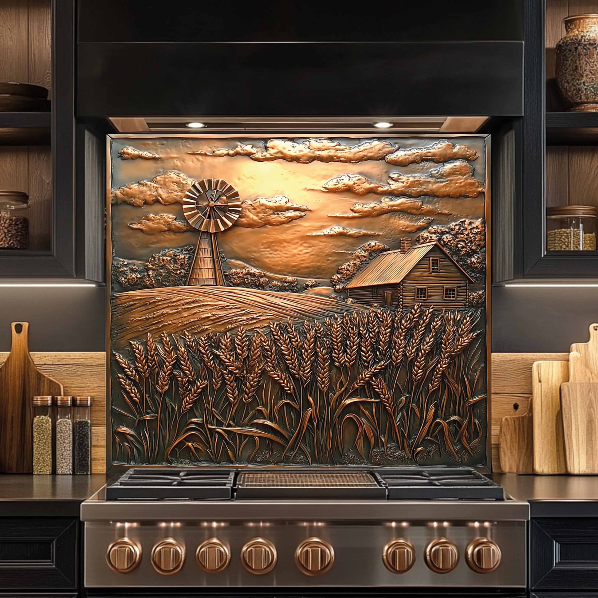 Stainless steel stove with decorative backsplash featuring a windmill and landscape design.
