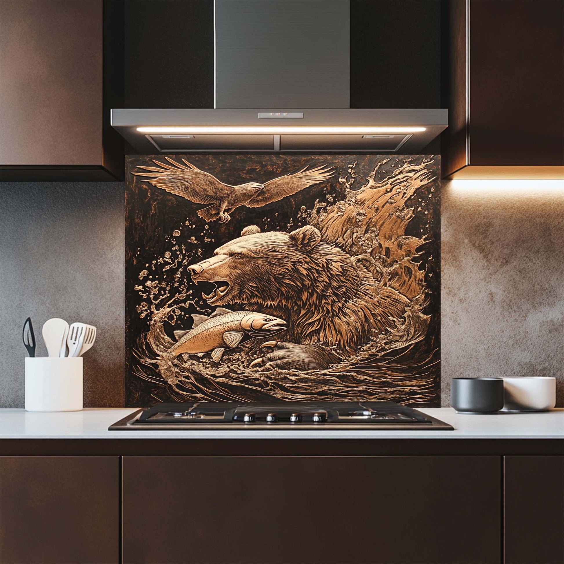 Kitchen with a decorative glass splashback featuring a bear and eagle design.