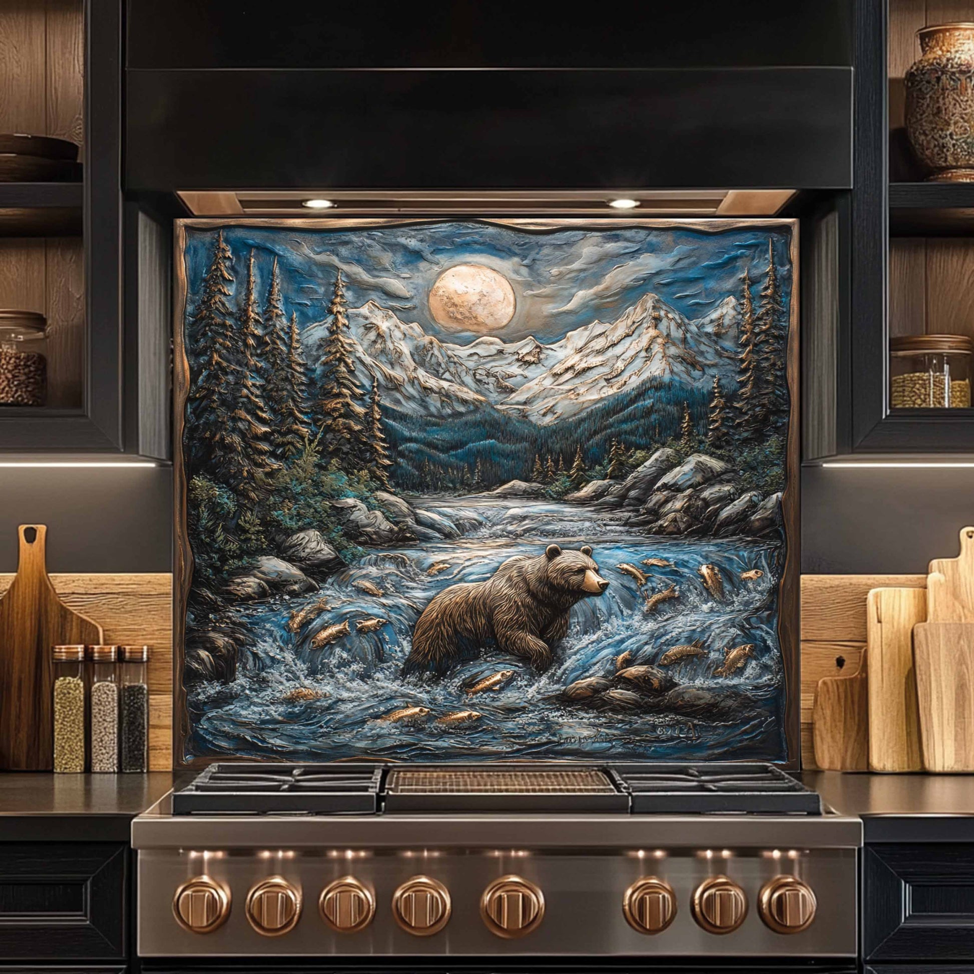 Stainless steel stove with decorative tempered glass backsplash of a bear and fish in a mountain stream