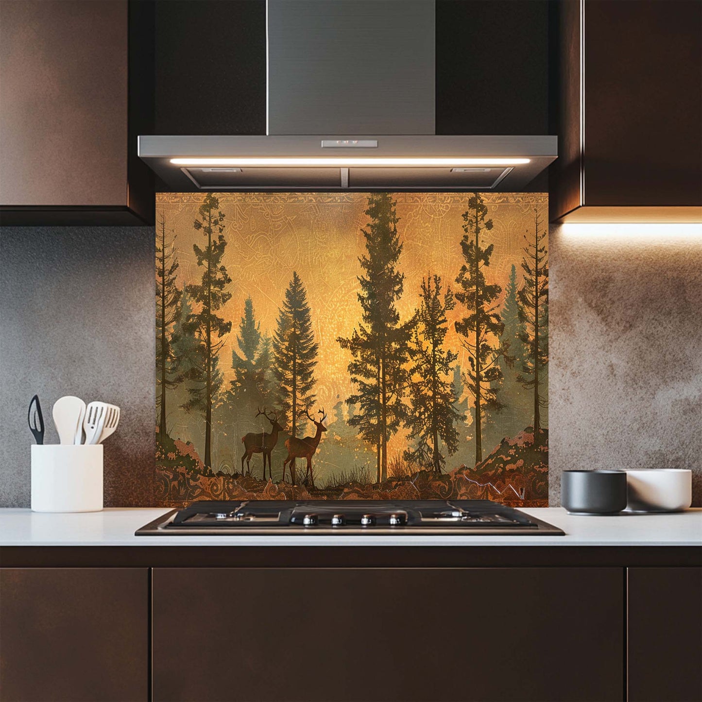 Kitchen with a decorative glass splashback featuring deer in a forest design.