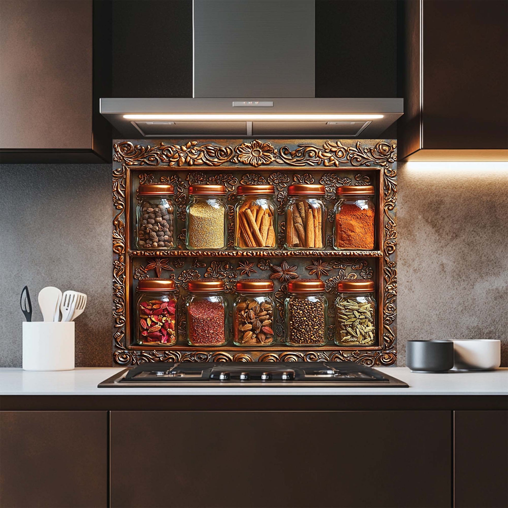 Decorative spice rack design glass backsplash with jars of spices above a stove in a kitchen.