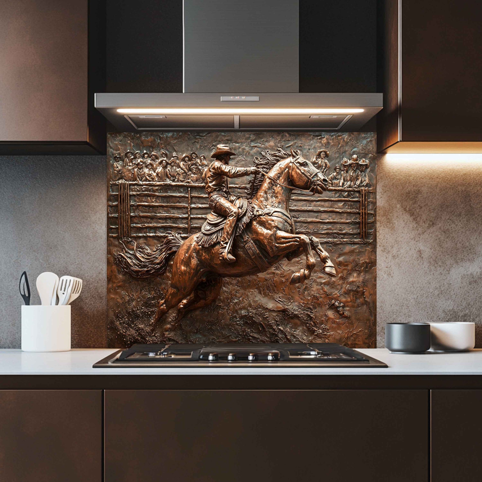 Kitchen with decorative splashback of a cowboy on a horse