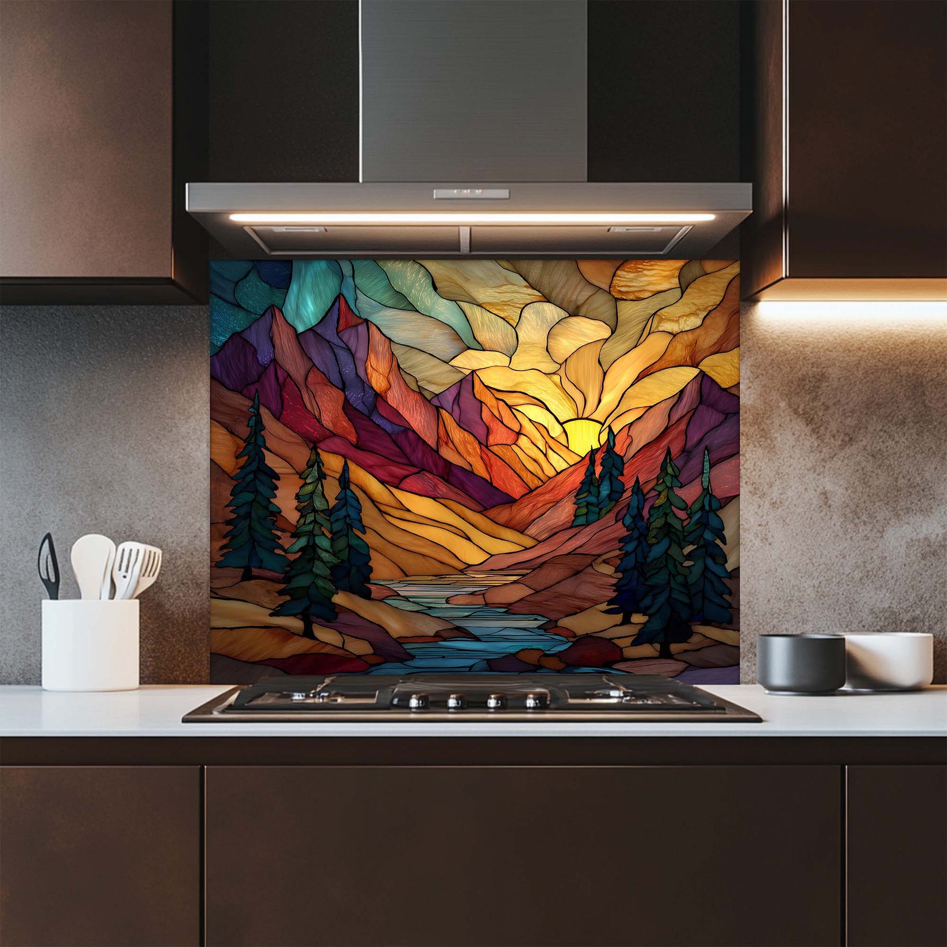 Kitchen with a colorful mountain-themed glass backsplash