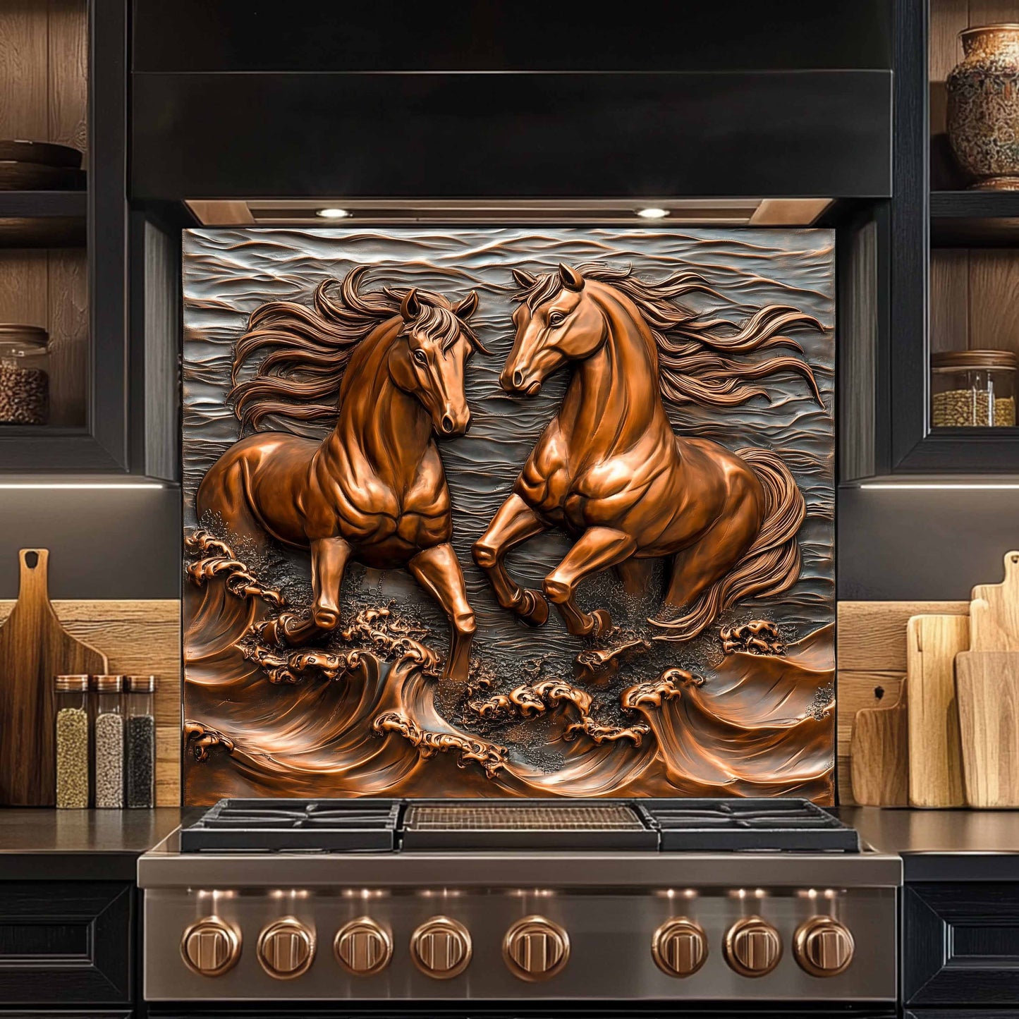 Decorative wall panel with horse design above a stove backsplash in a kitchen setting