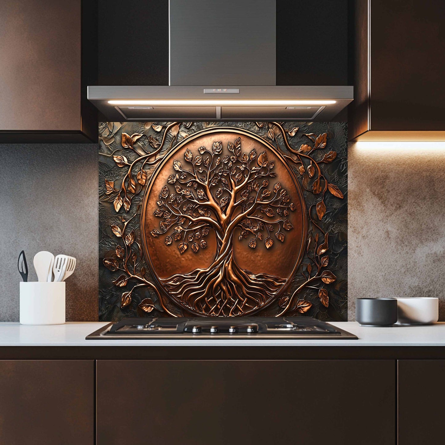 Decorative backsplash with a tree design above a kitchen stove.