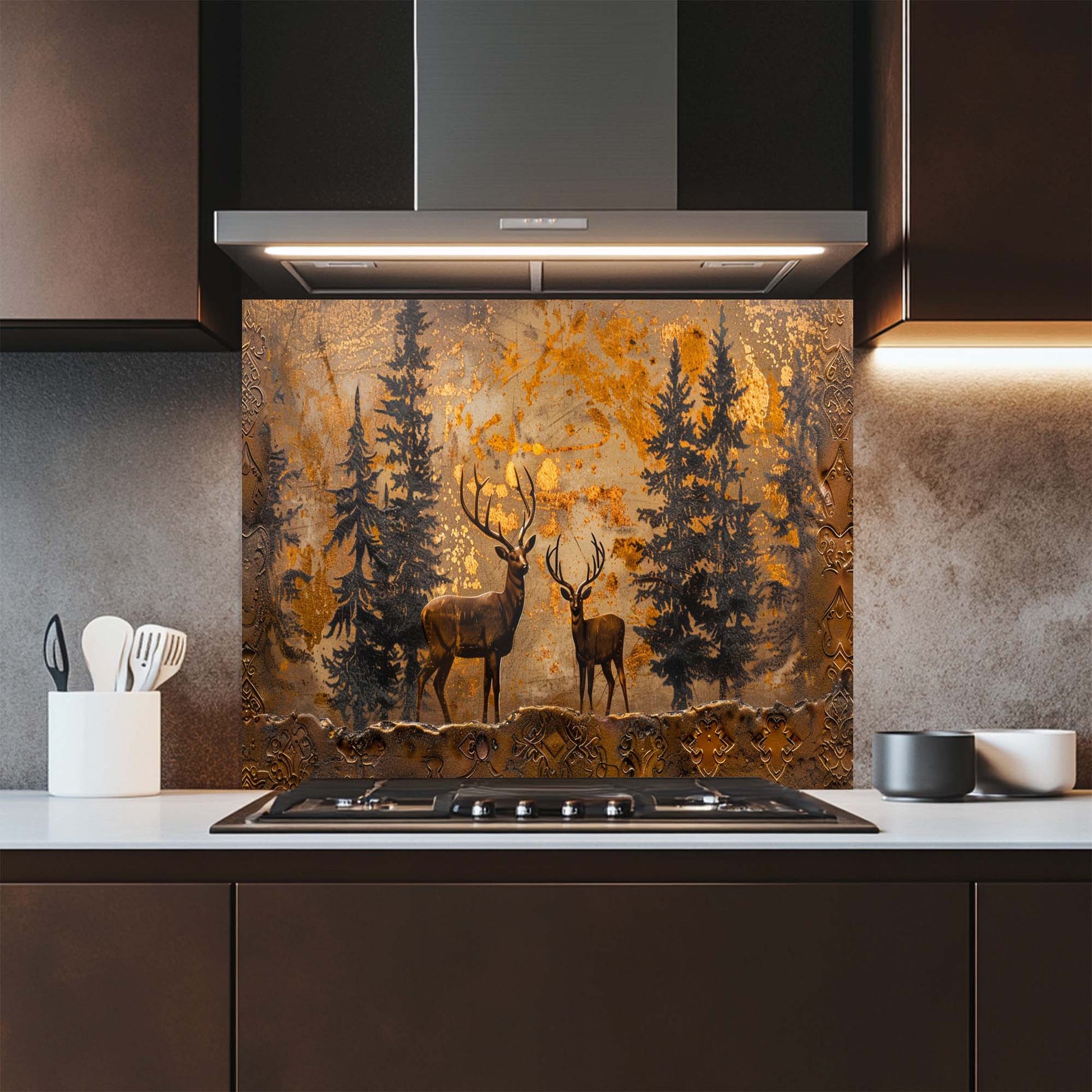 Kitchen with a decorative glass backsplash featuring deer and trees