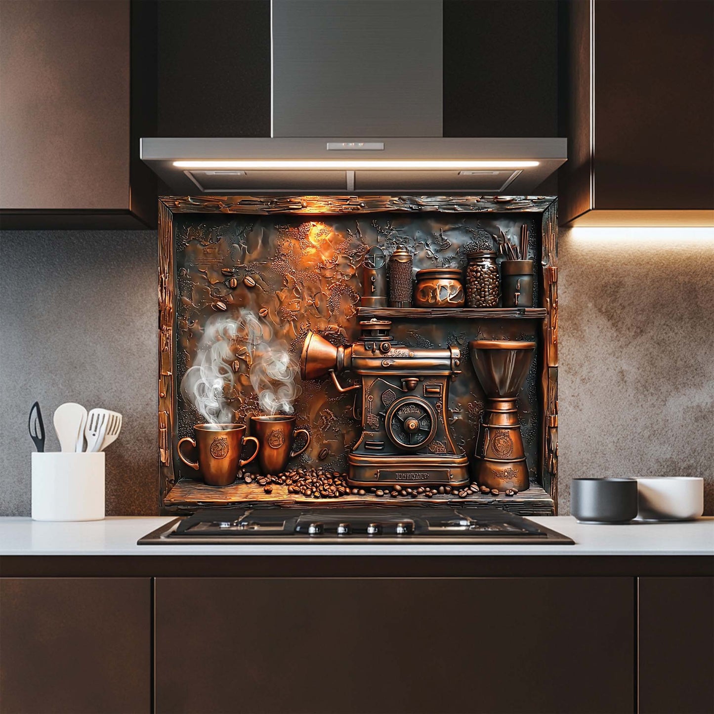 Decorative glass backsplash with coffee-themed design in a kitchen