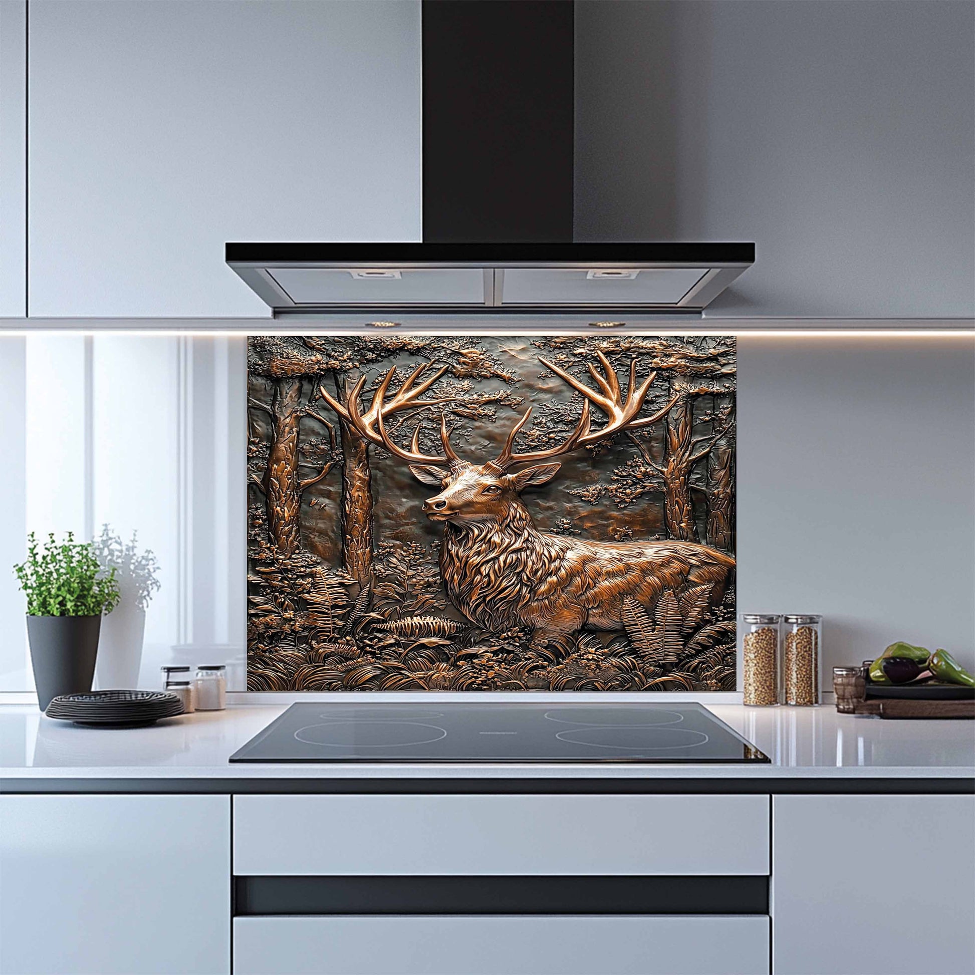 Kitchen with a decorative glass splashback featuring a deer in a forest design.
