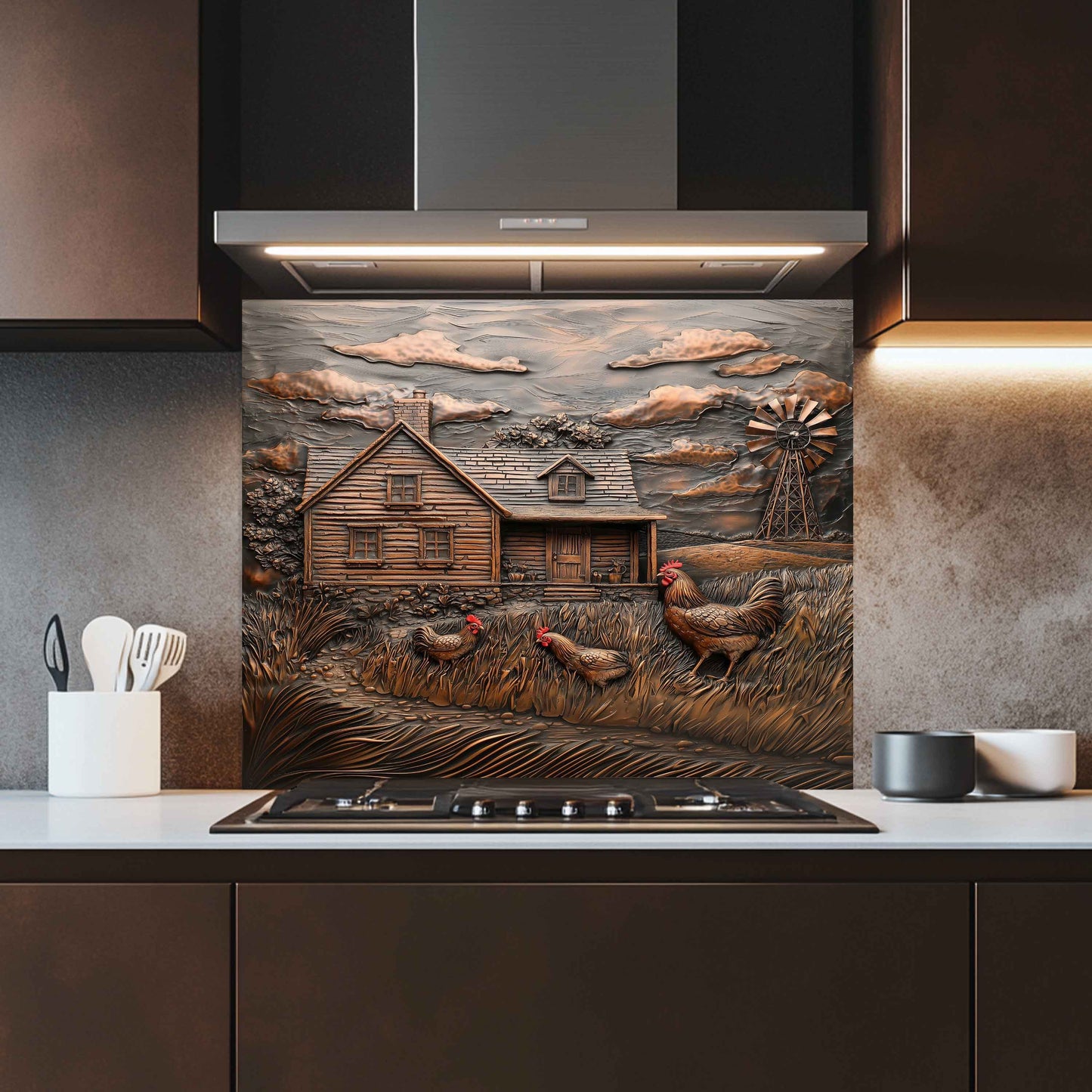Kitchen with a decorative glass splashback featuring a farm scene.