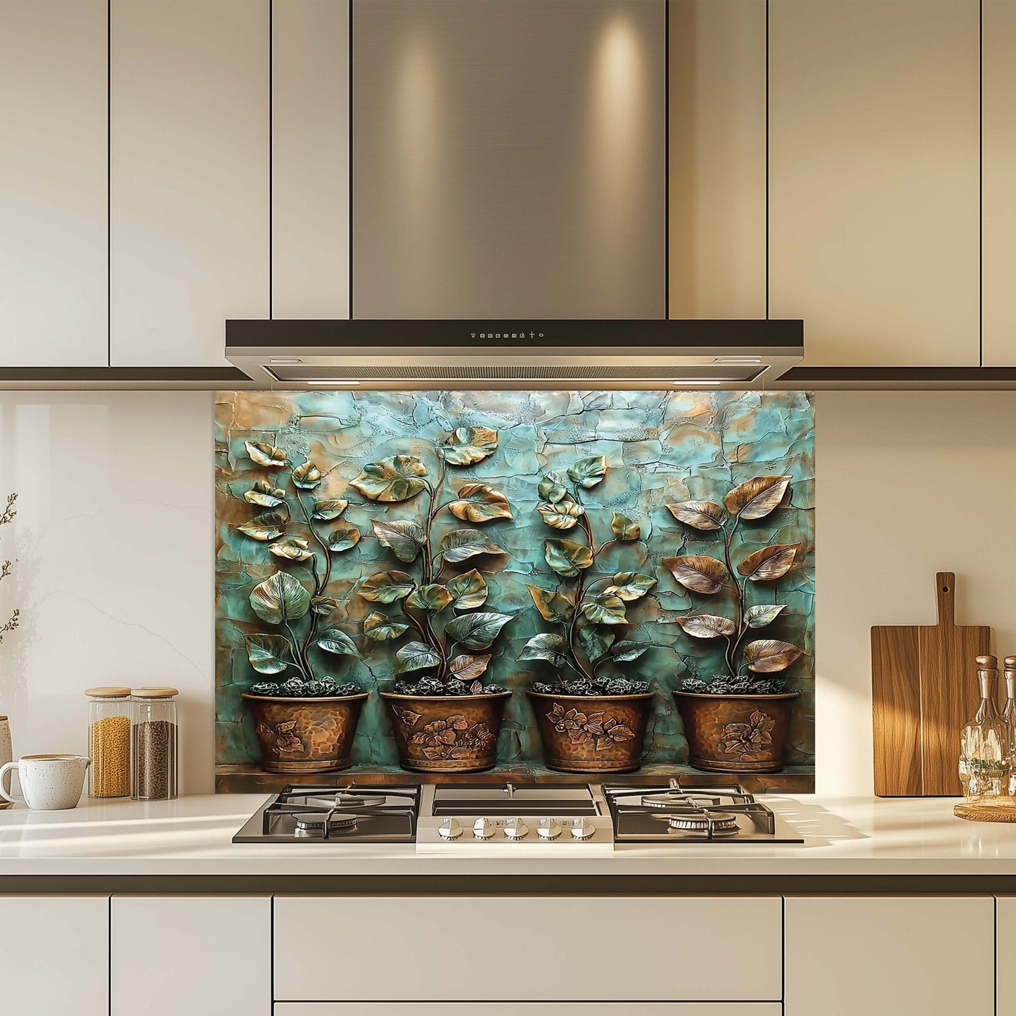 Kitchen with decorative glass splashback featuring plants and pots.