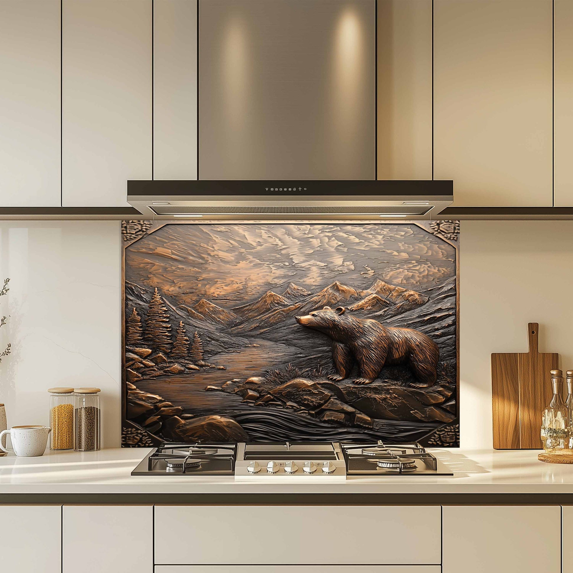 Kitchen with a decorative backsplash featuring a bear and mountain scene.