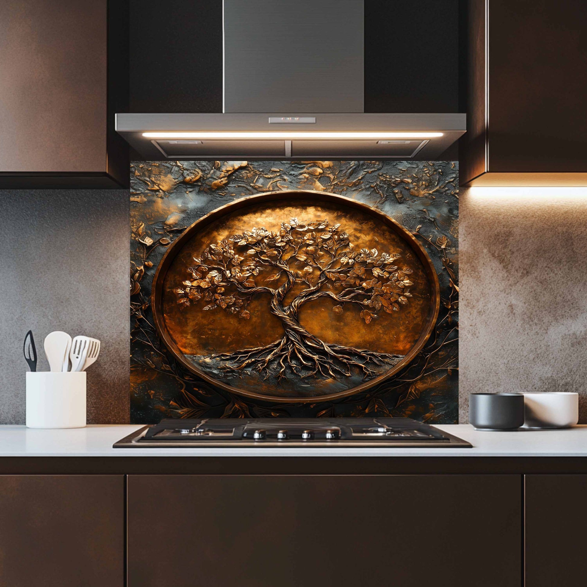 Decorative glass backsplash with tree design above a kitchen stove