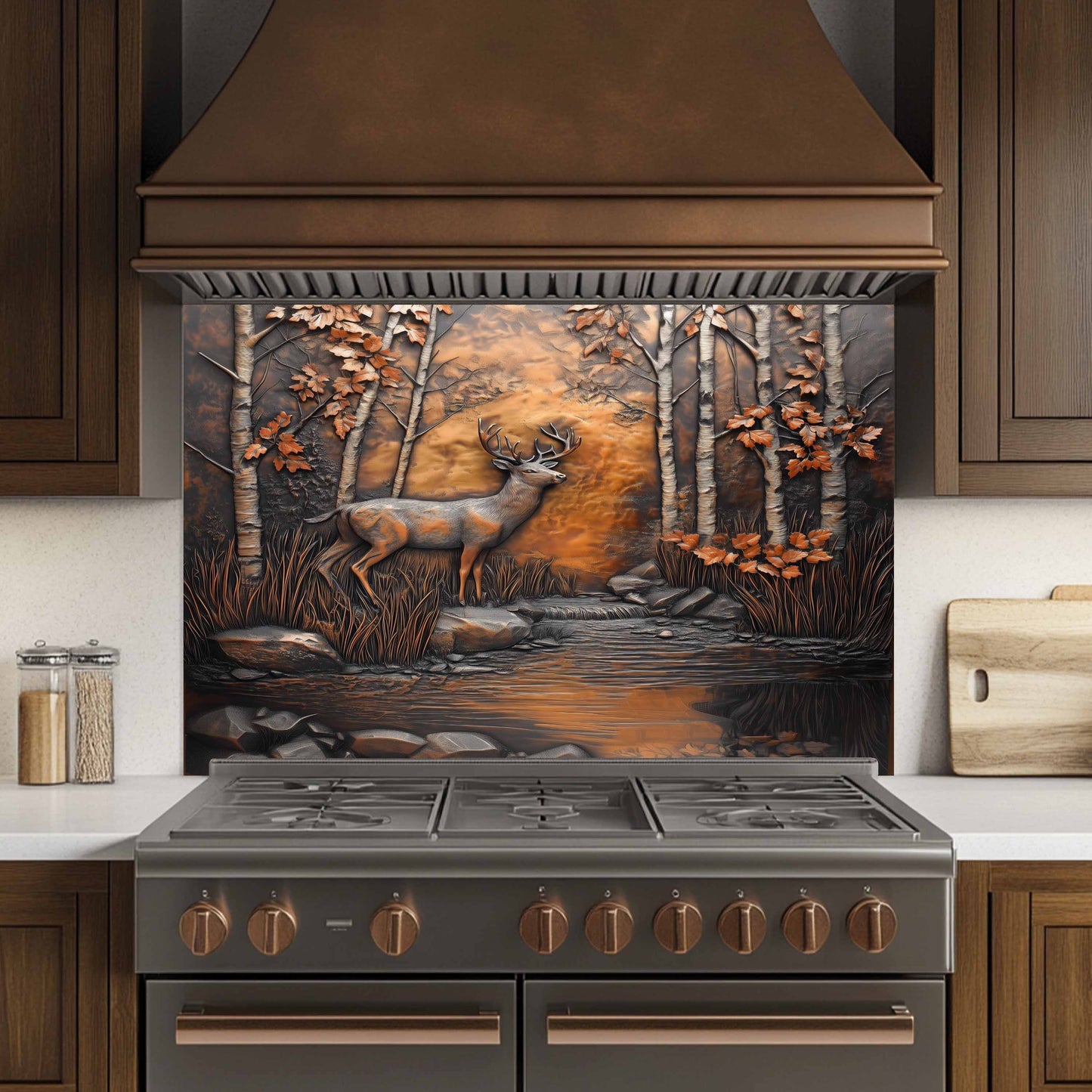 Decorative stove panel with a deer in a forest design in a kitchen setting.
