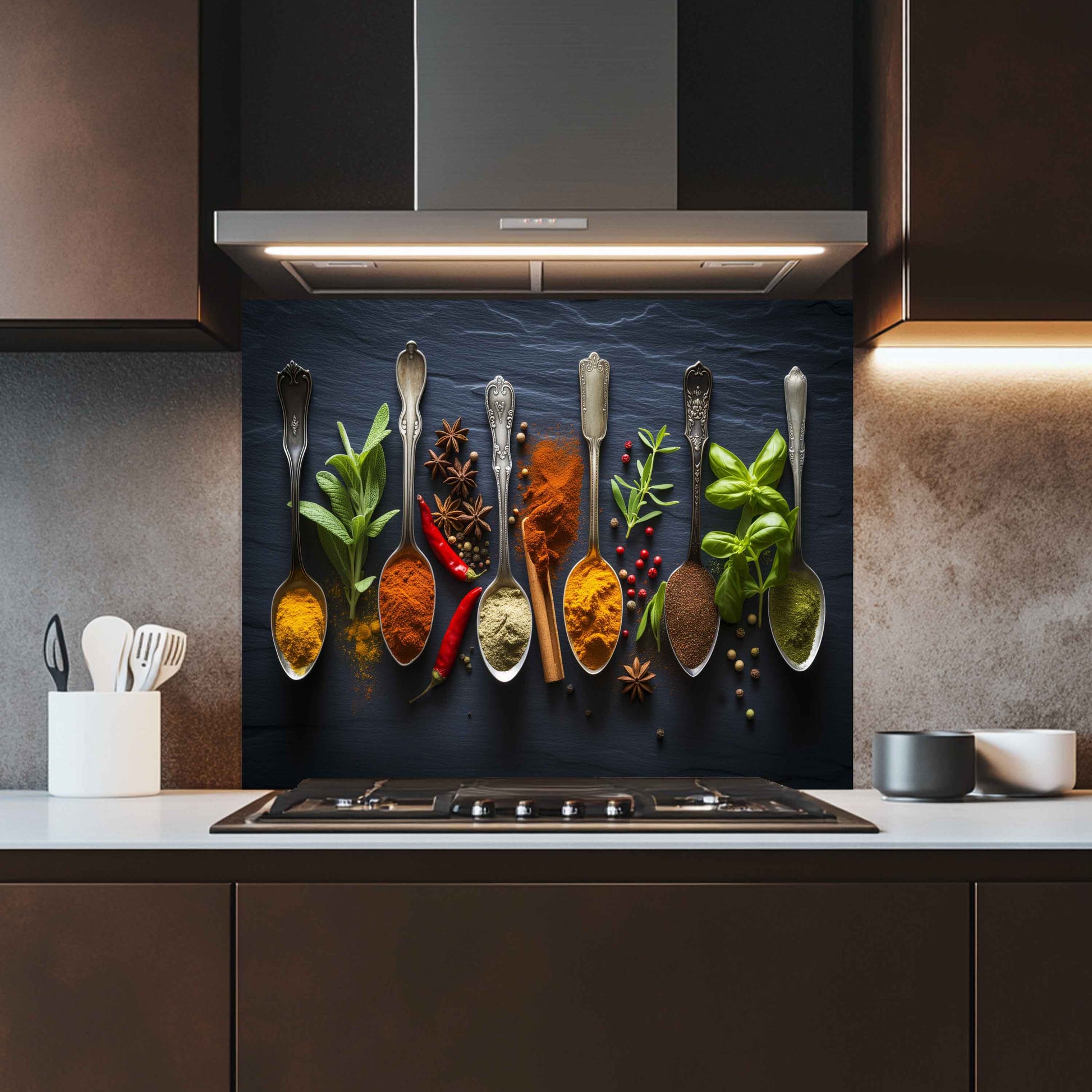 Modern kitchen with spice-themed backsplash and stainless steel range hood.