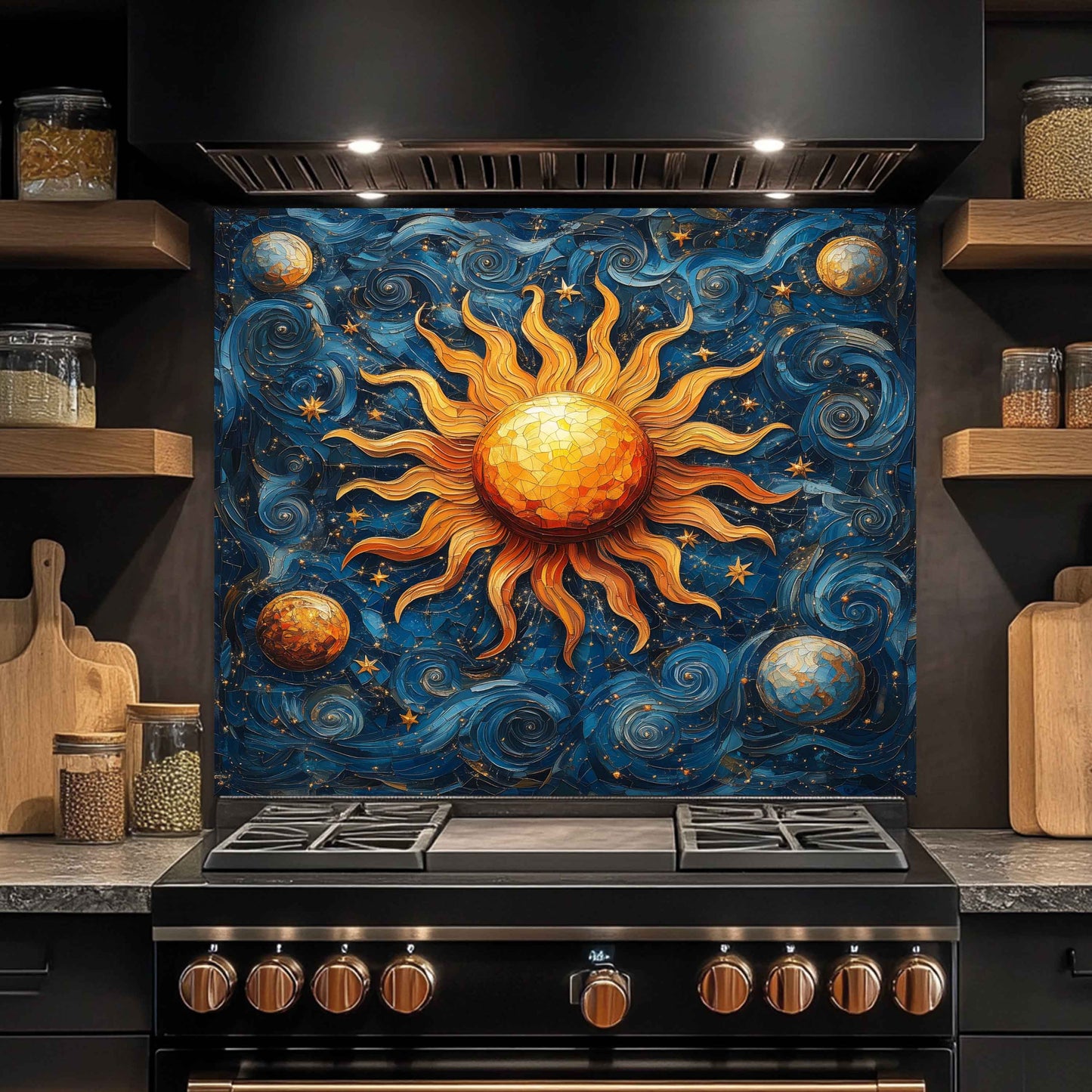 Kitchen stove with a decorative backsplash featuring a sun and celestial design.