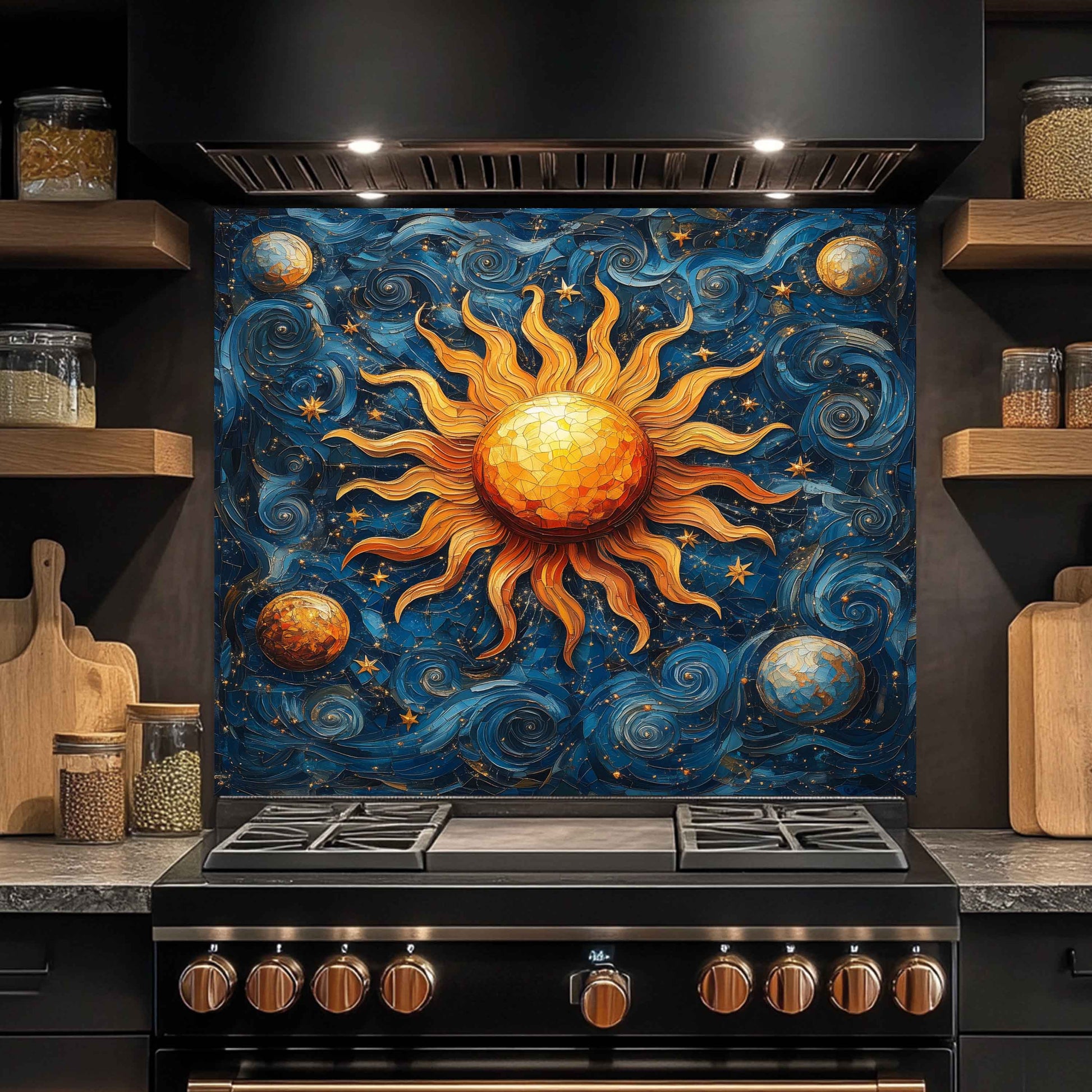 Kitchen stove with a decorative backsplash featuring a sun and celestial design.