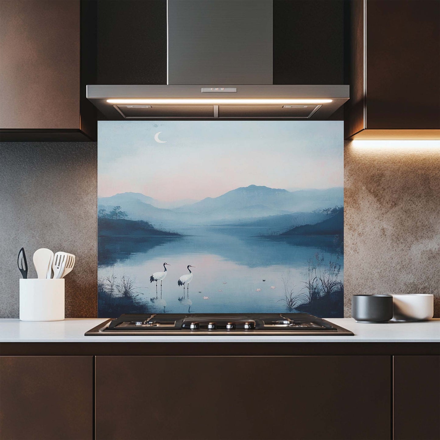 Tempered Glass Backsplash – Elegant Lake View with Cranes and Crescent Moon, Blue Serene Kitchen Backsplash