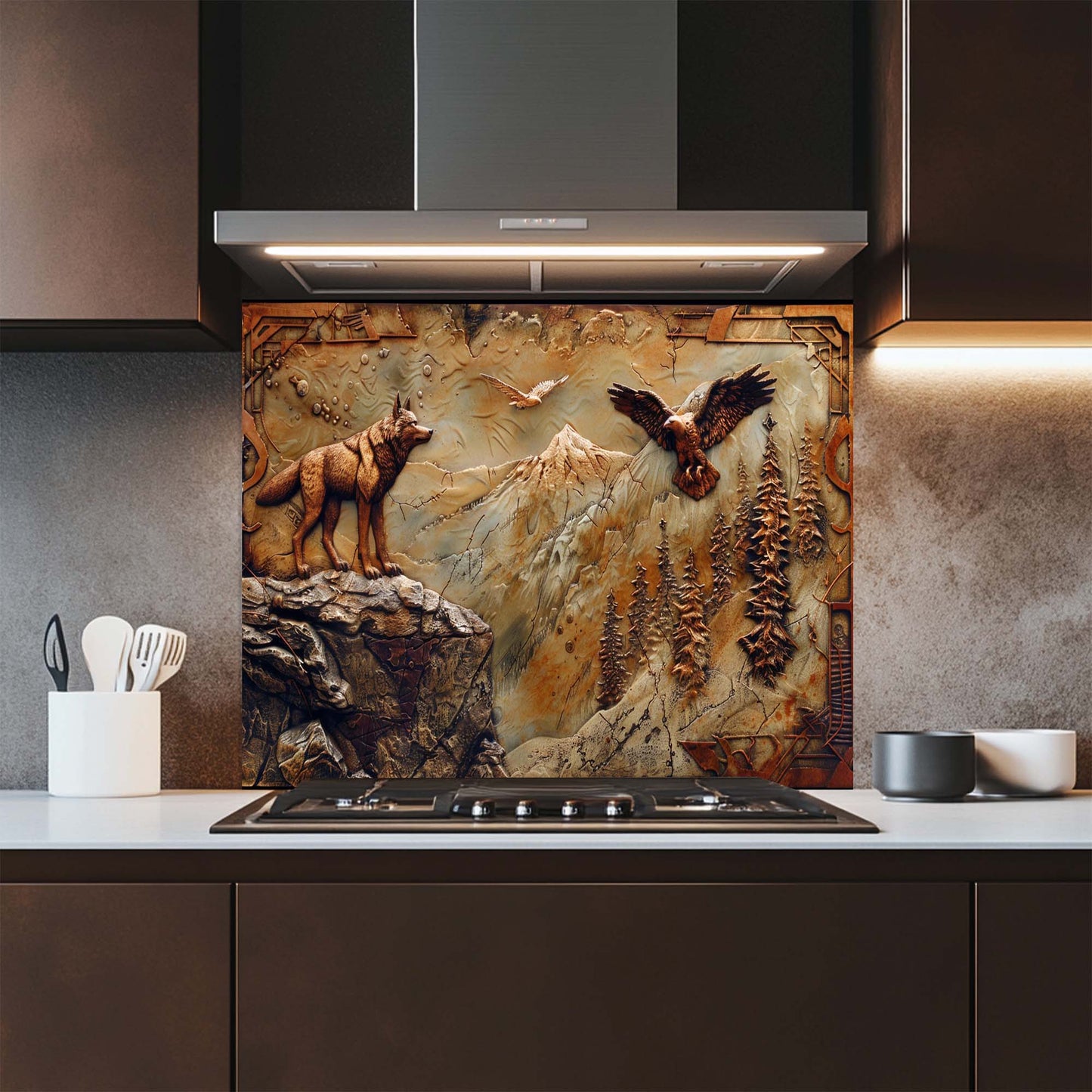 Decorative glass splashback with nature-themed design in a kitchen
