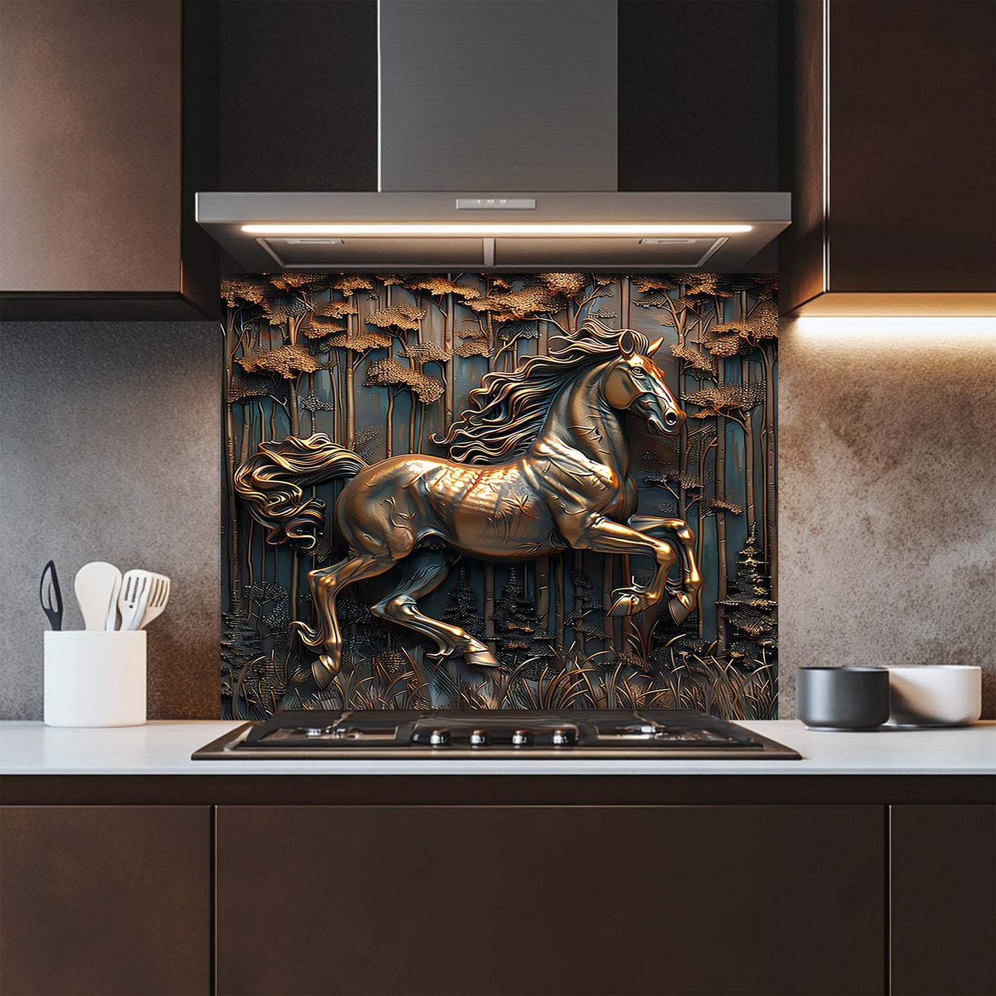Decorative glass backsplash with a horse design in a modern kitchen