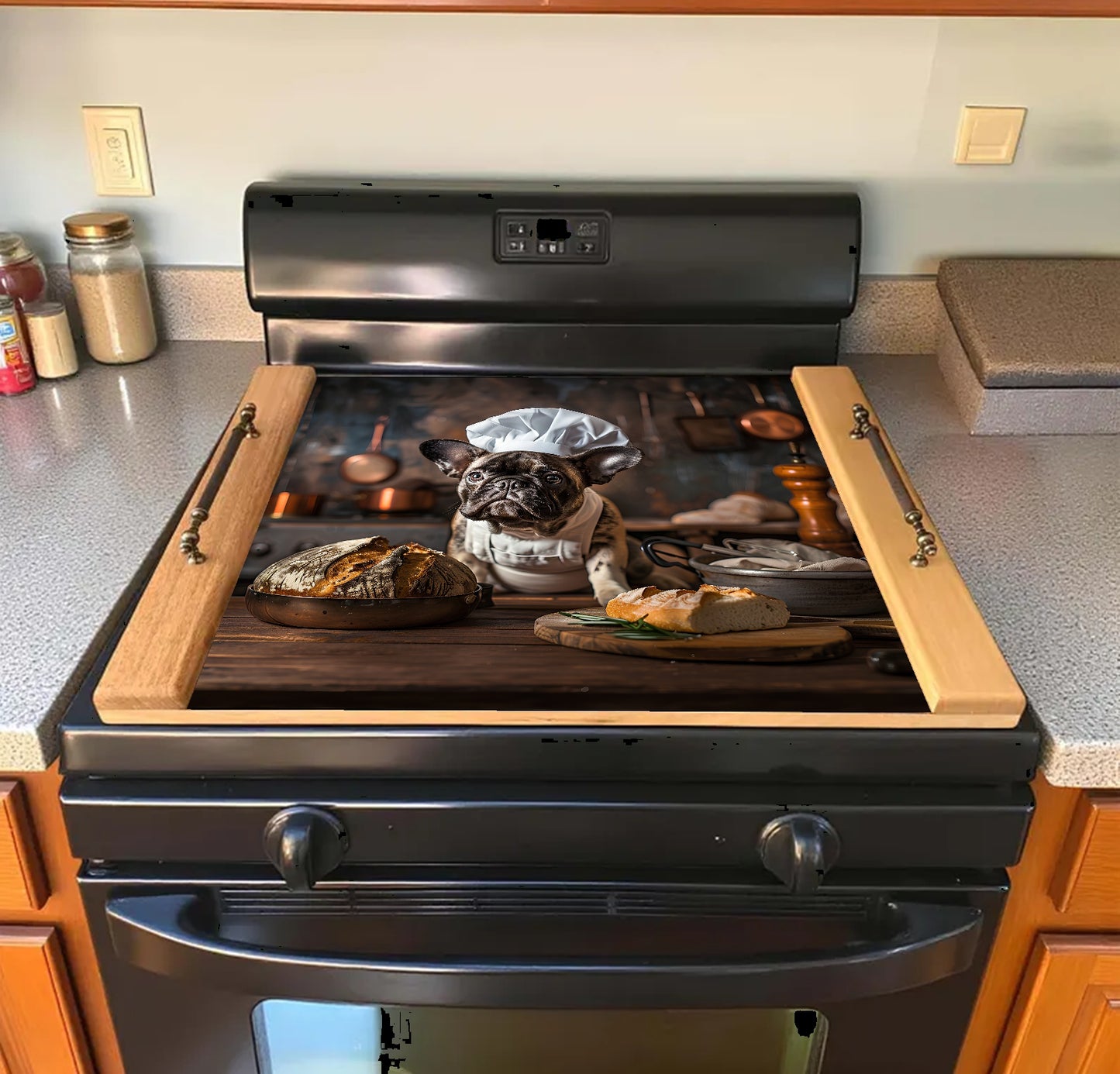 Dog wearing a chef's hat standing on an stove top cover design with food items