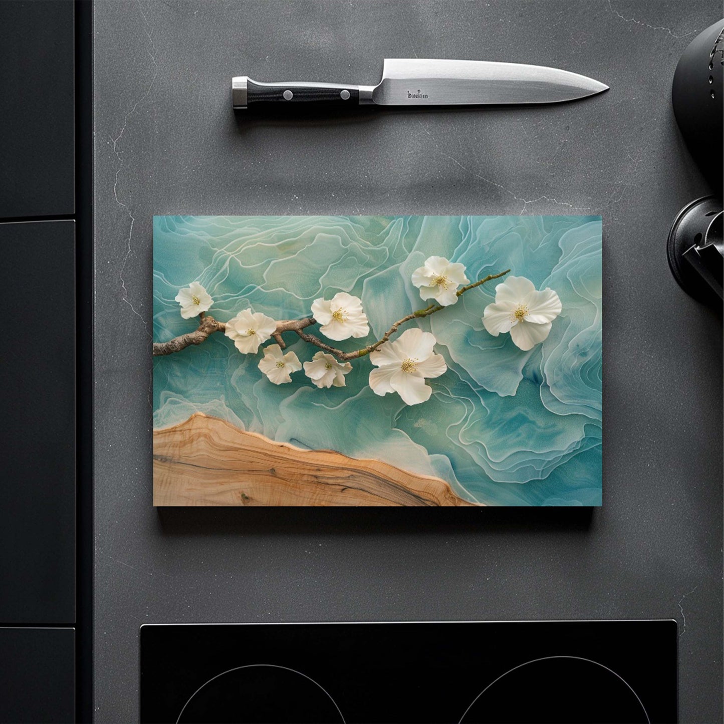 Decorative cutting board with floral design on a kitchen counter