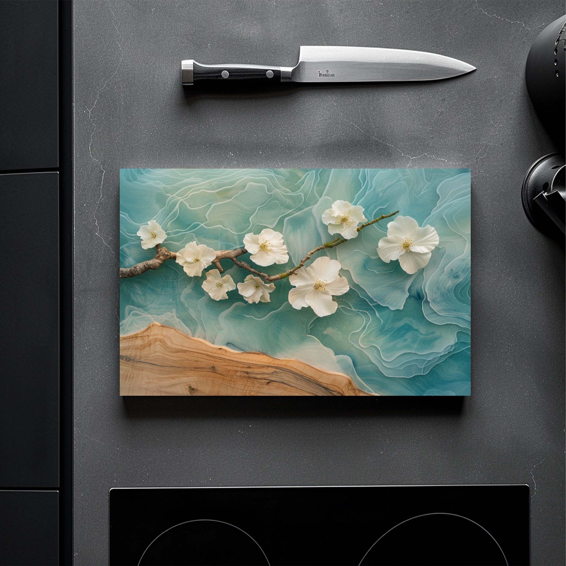 Decorative cutting board with floral design on a kitchen counter