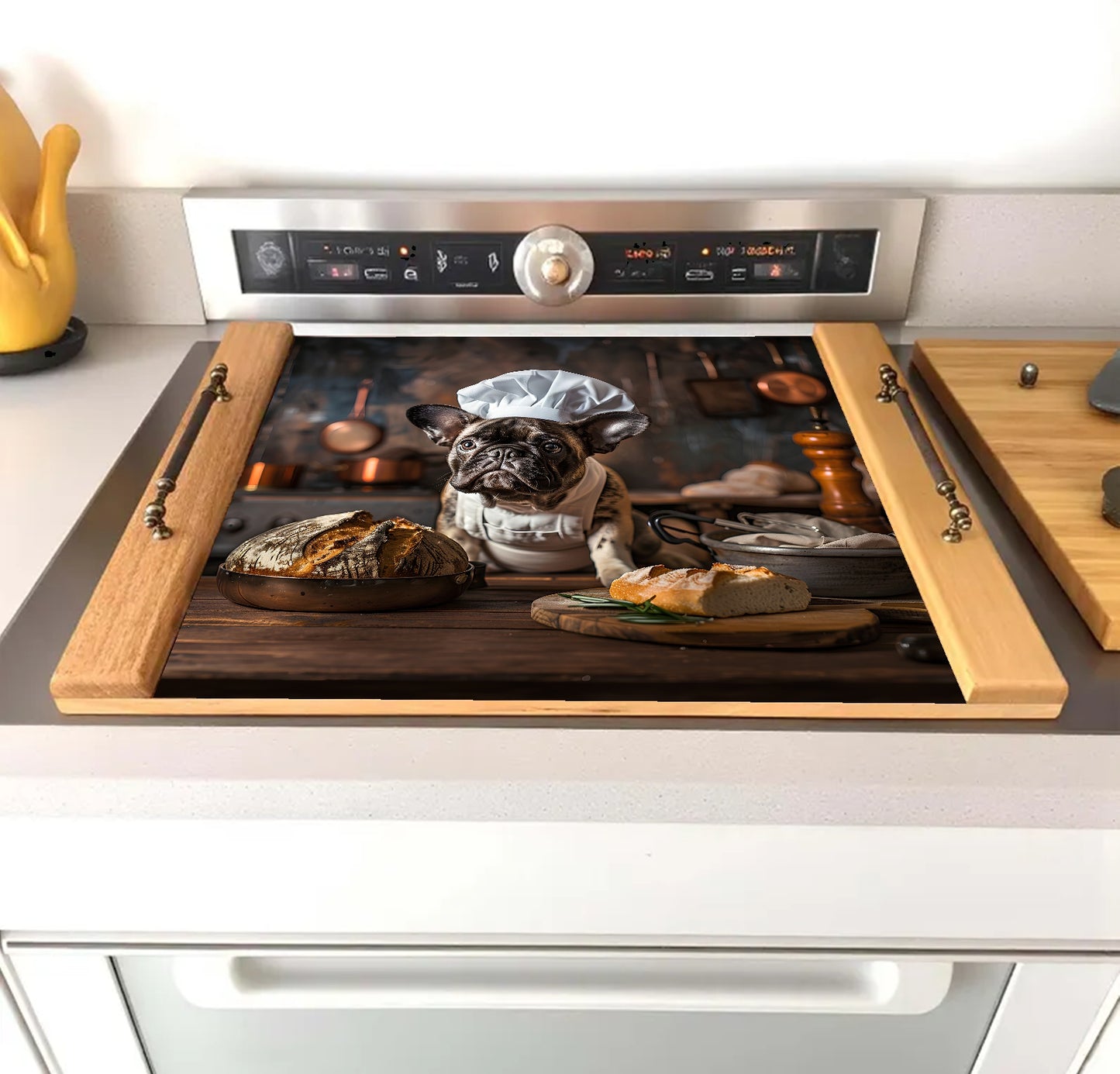 Stovetop with a decorative glass panel featuring a pug dog and kitchen items.