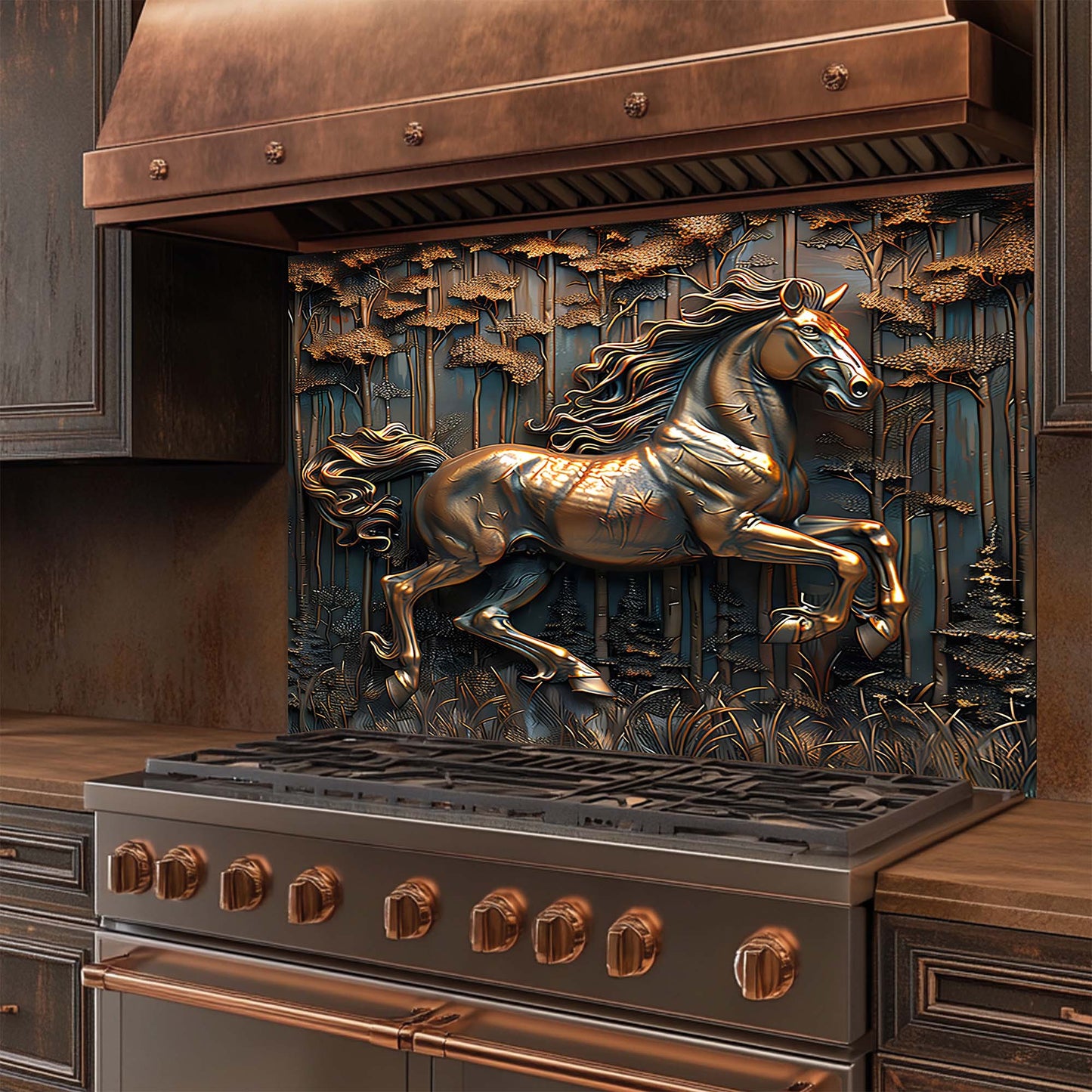 Decorative glass backsplash with a horse sculpture on the front