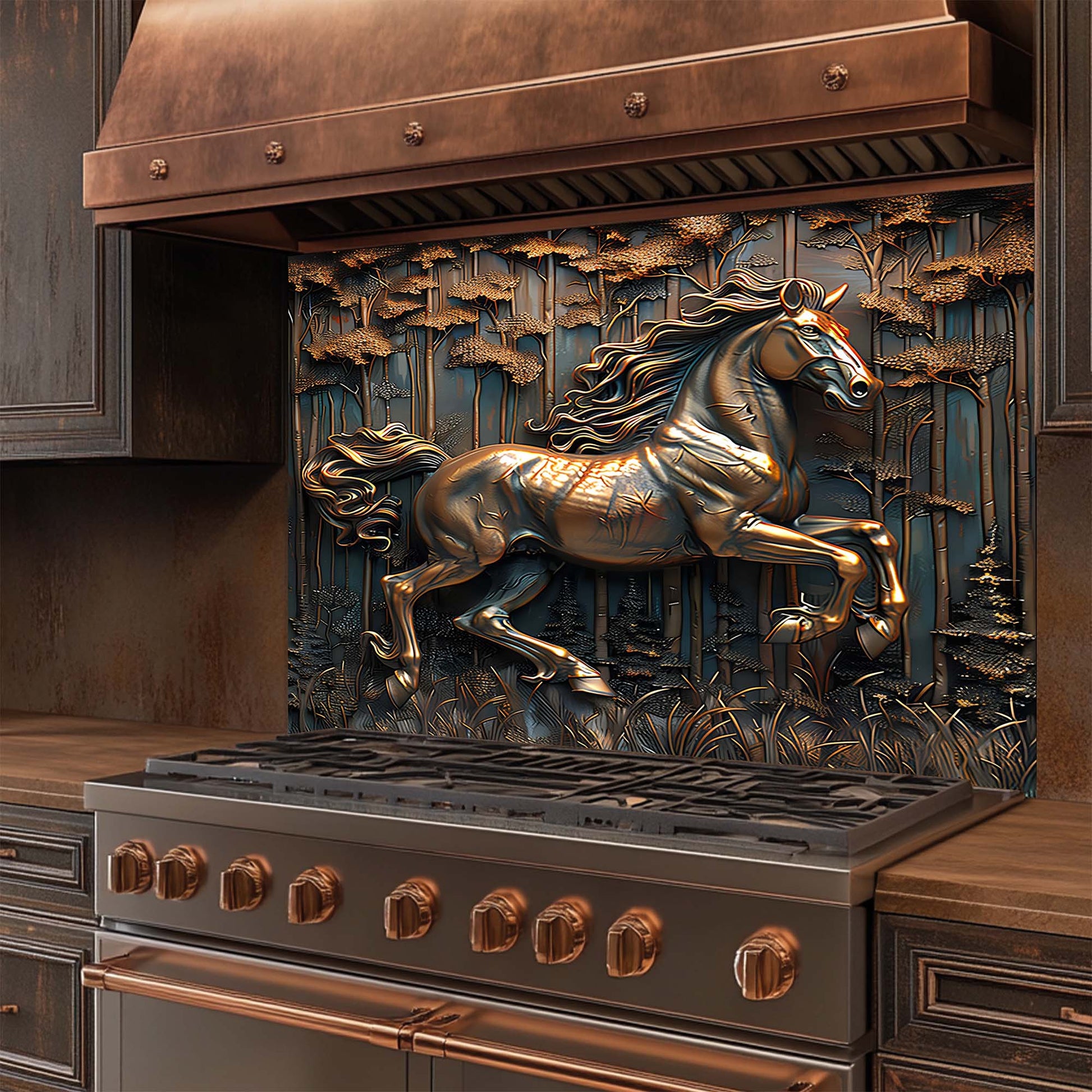 Decorative glass backsplash with a horse sculpture on the front