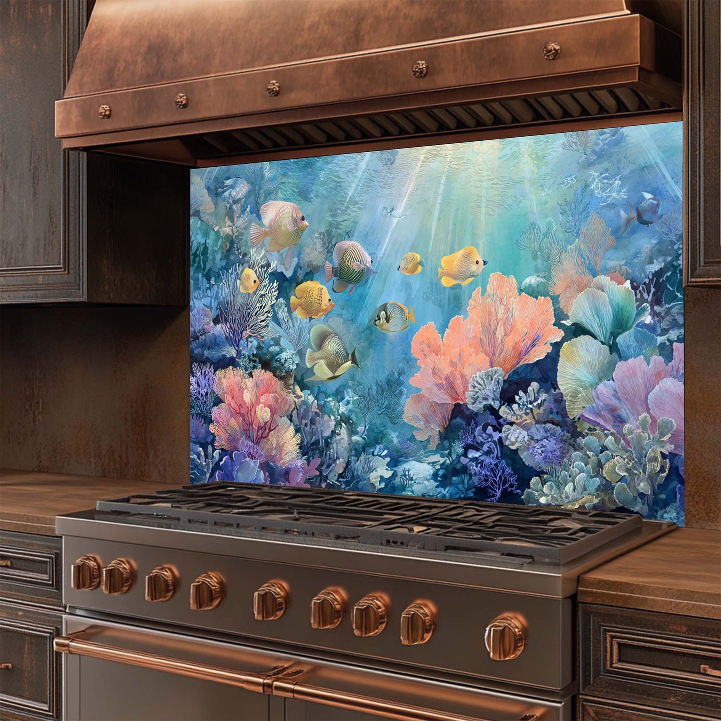 Stainless steel stove with a decorative glass backsplash featuring an underwater scene with fish and coral.