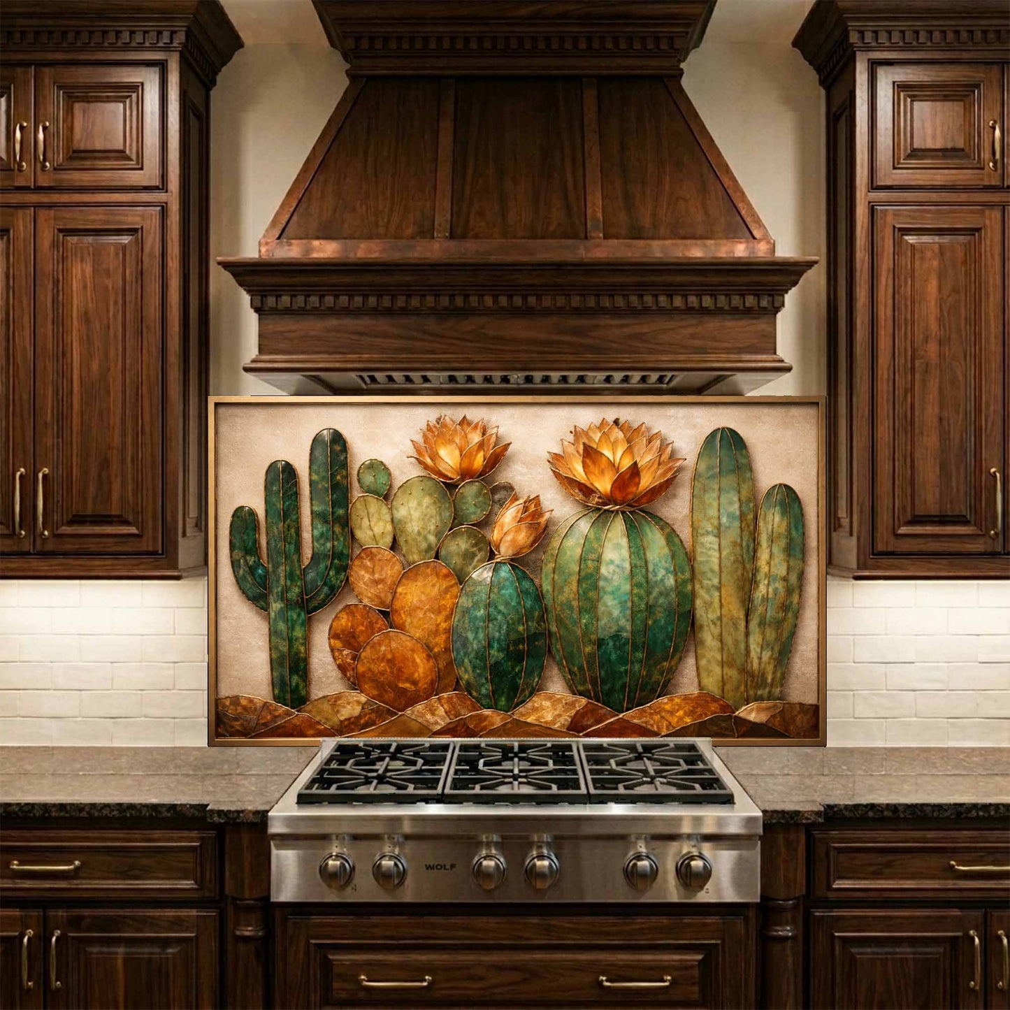 Kitchen with wooden cabinets, a stove, and a decorative glass backsplash featuring cacti.