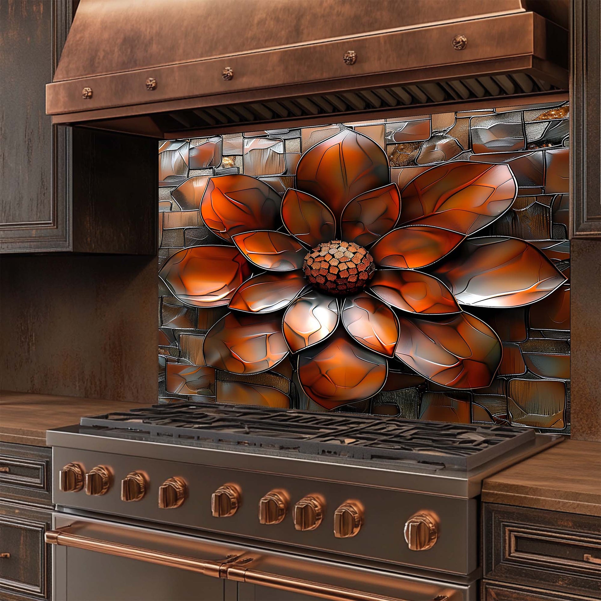 Stainless steel stove with decorative glass backsplash featuring a large flower design.