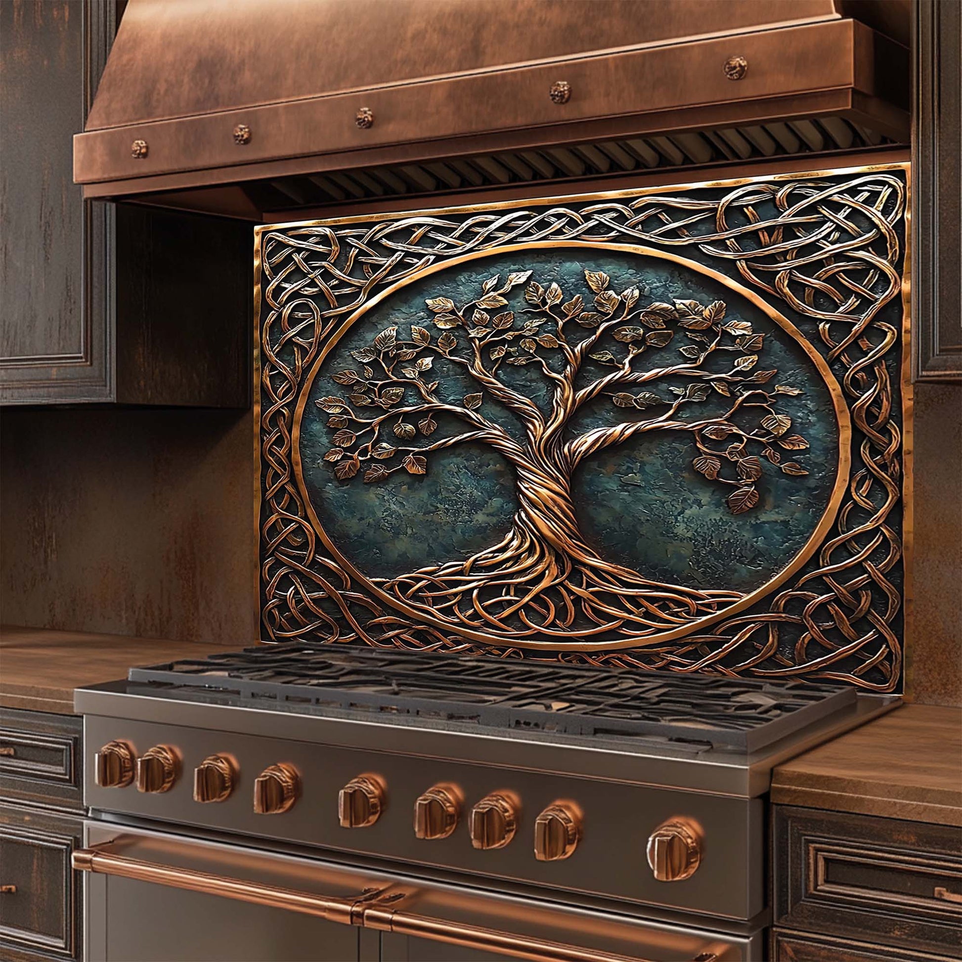Decorative glass backsplash with tree of life design on a metallic surface