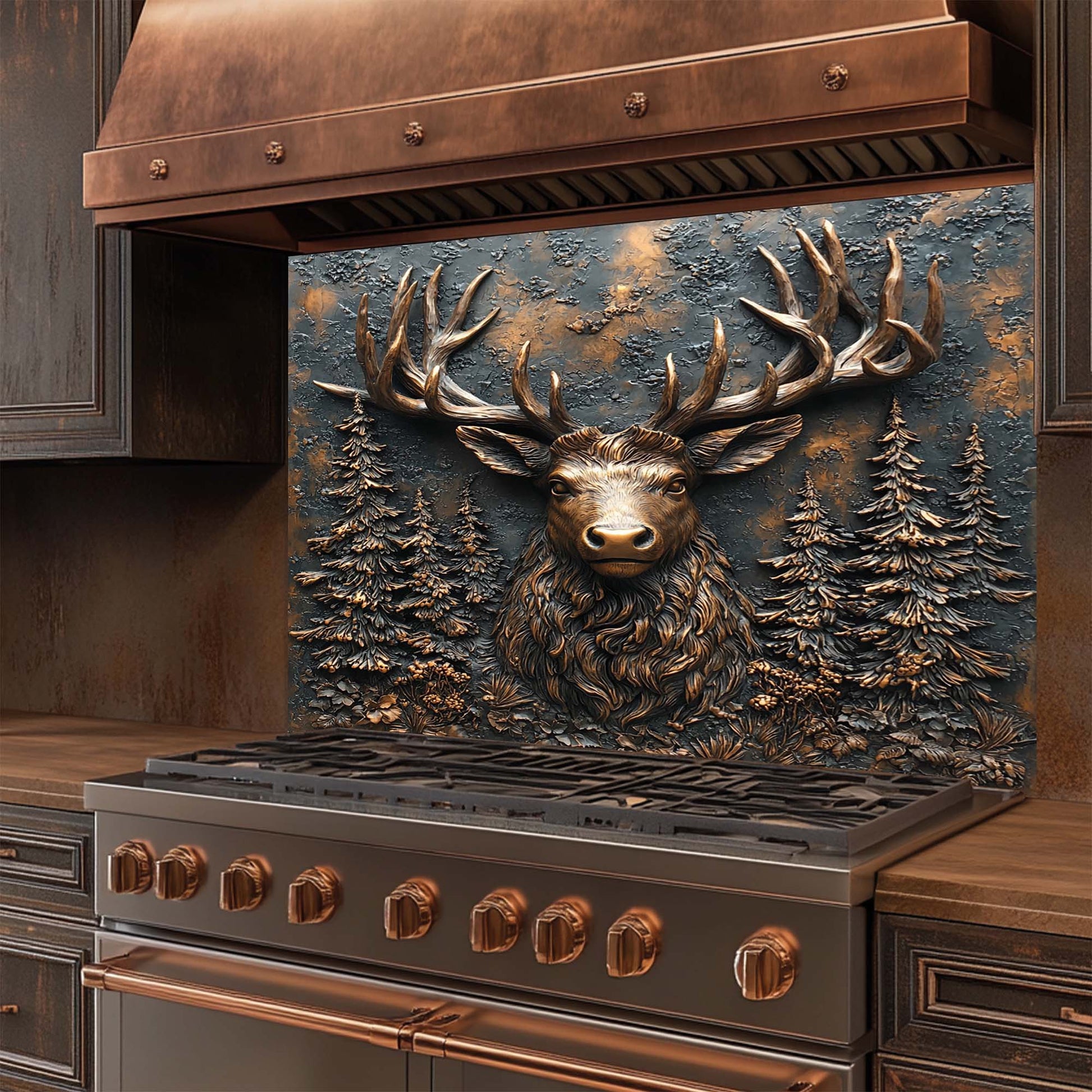 Decorative stove panel with a deer head design in a kitchen setting