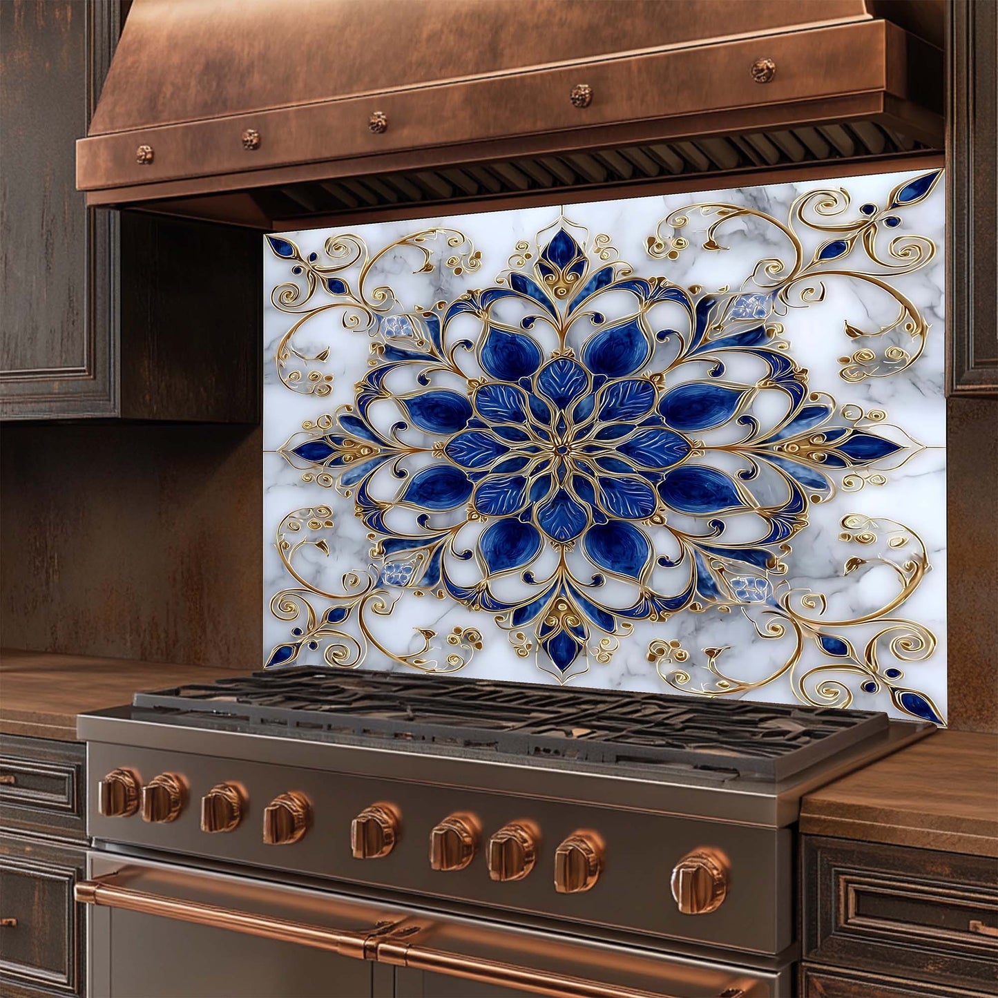 Decorative glass backsplash with blue and gold floral design in a kitchen setting